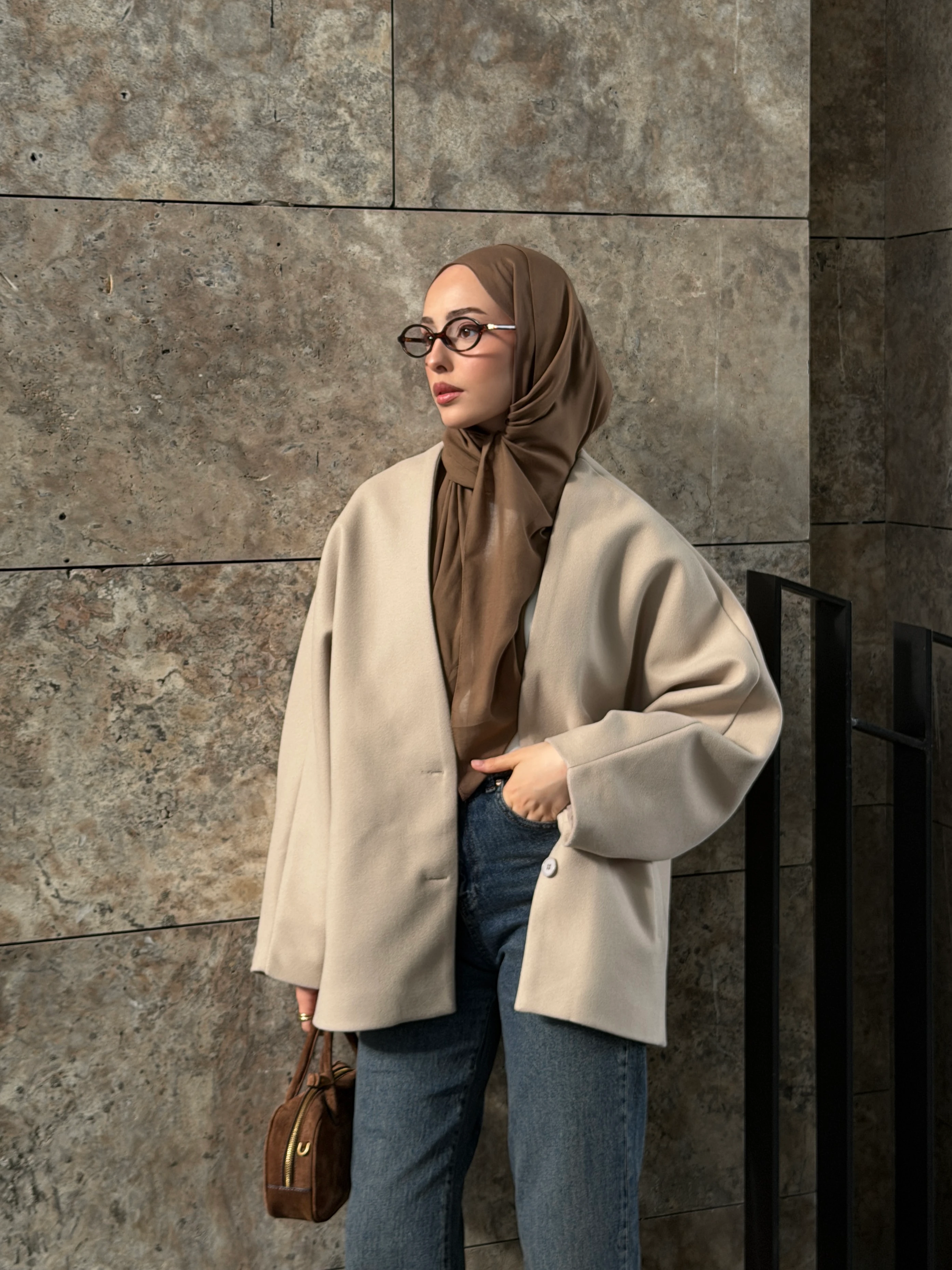 Soft Oversize Kaşe Kaban Taş