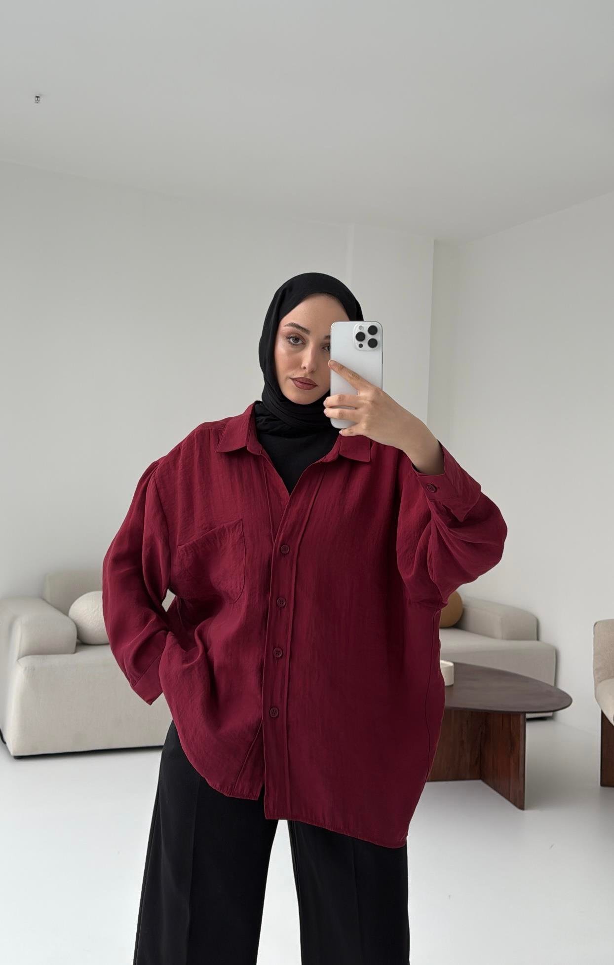 Düşük Omuz Oversize Gömlek Bordo