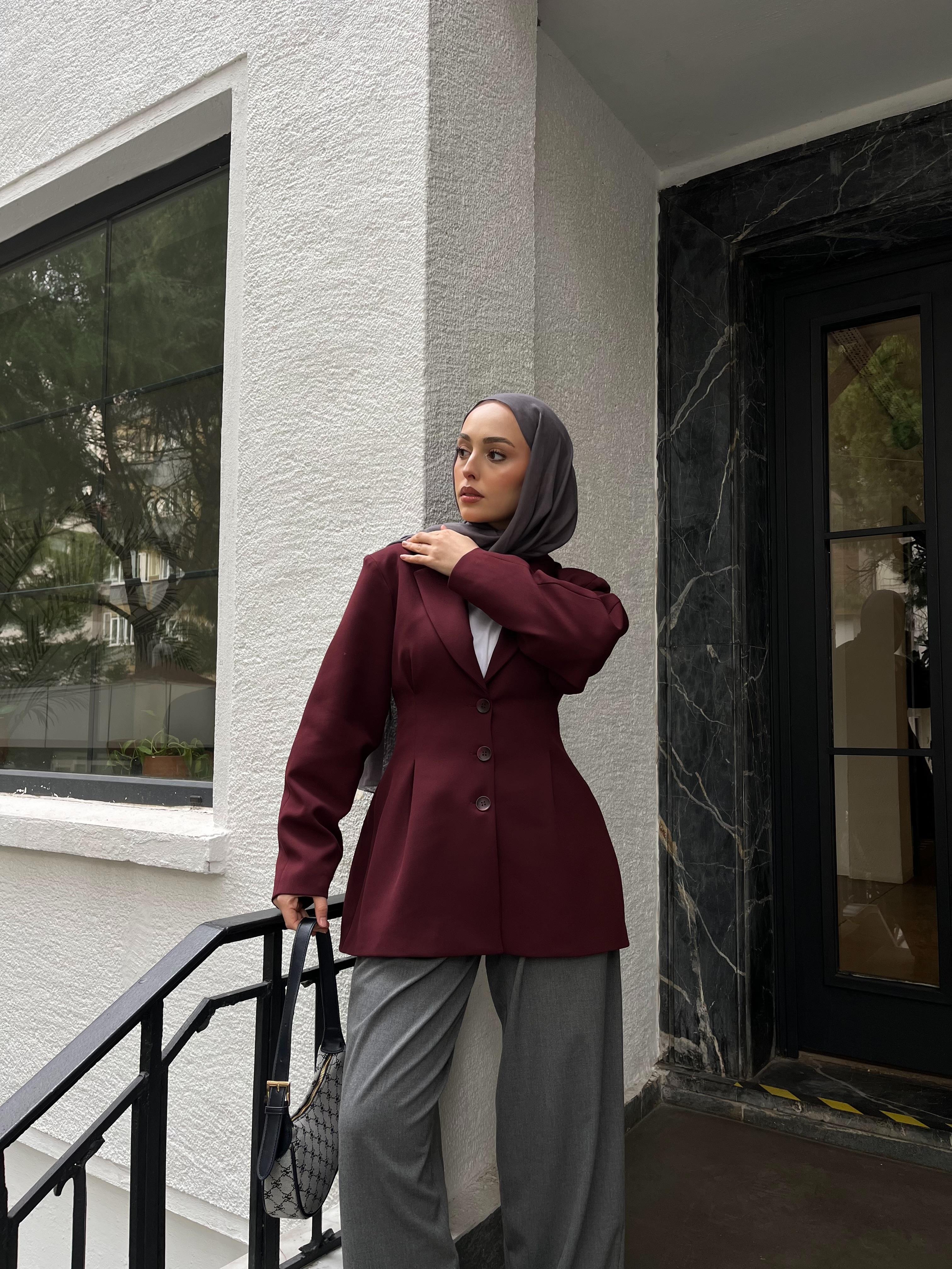 Belden Oturtmalı Tasarım Ceket Bordo