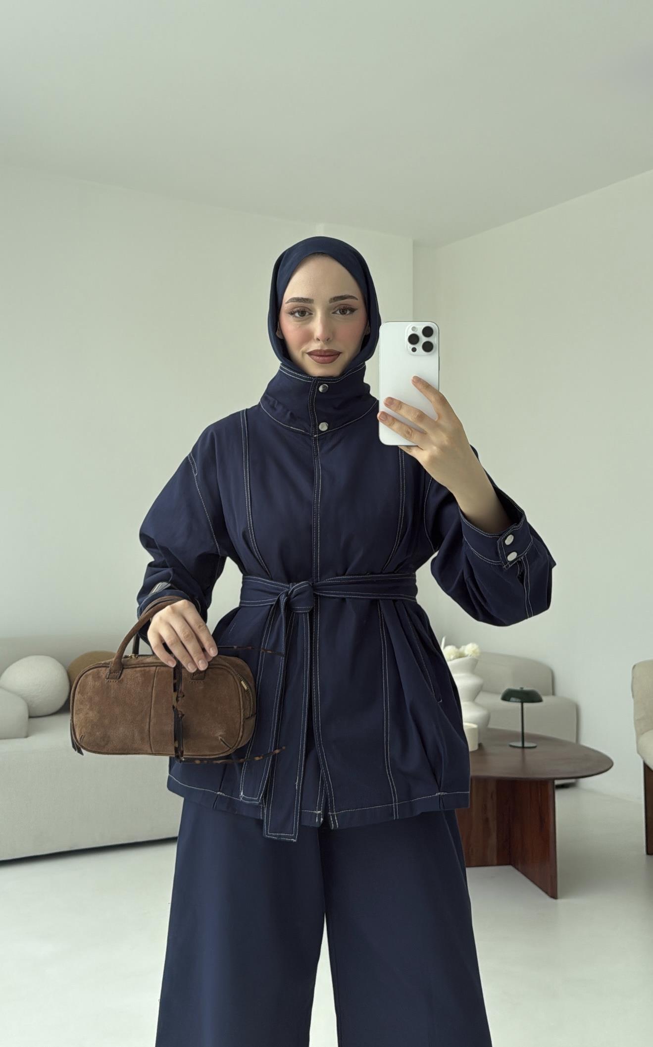 Kontrast Dikişli Gabardin Takım Lacivert