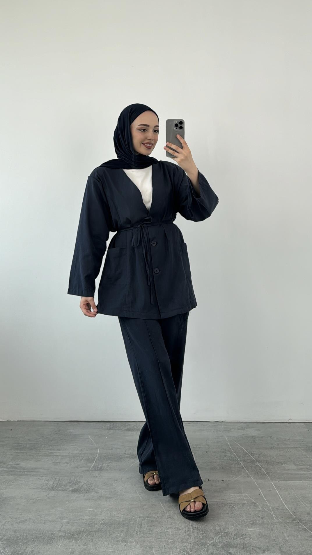 Düğmeli Kimonolu Takım Lacivert