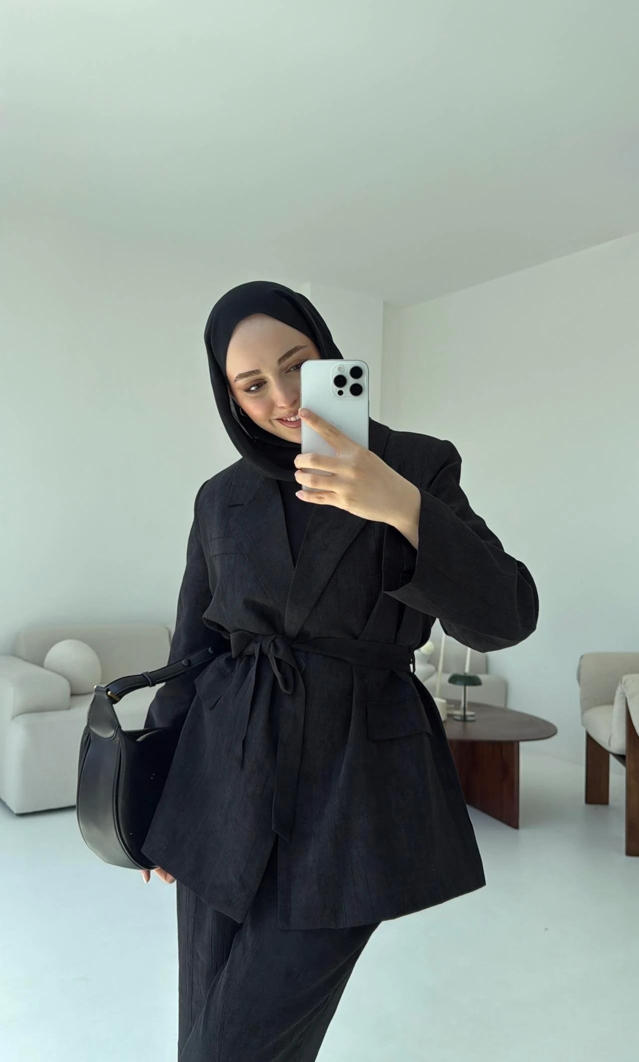 Kemerli Ceket Beli Lastikli Pantolon Takım Siyah