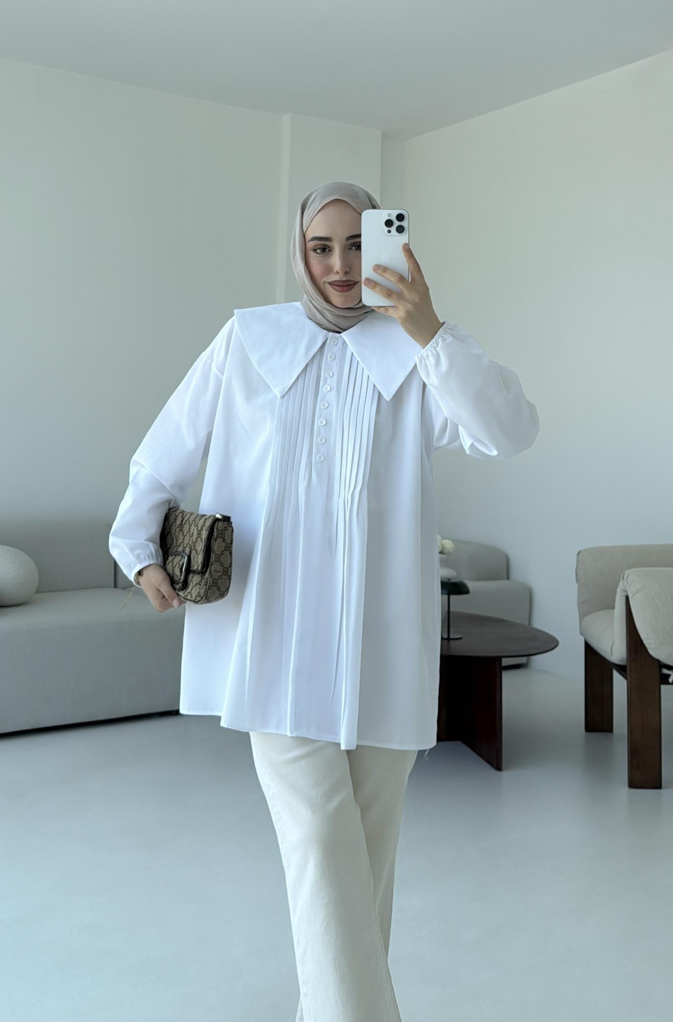 Yakalı Nervüllü Gömlek Beyaz