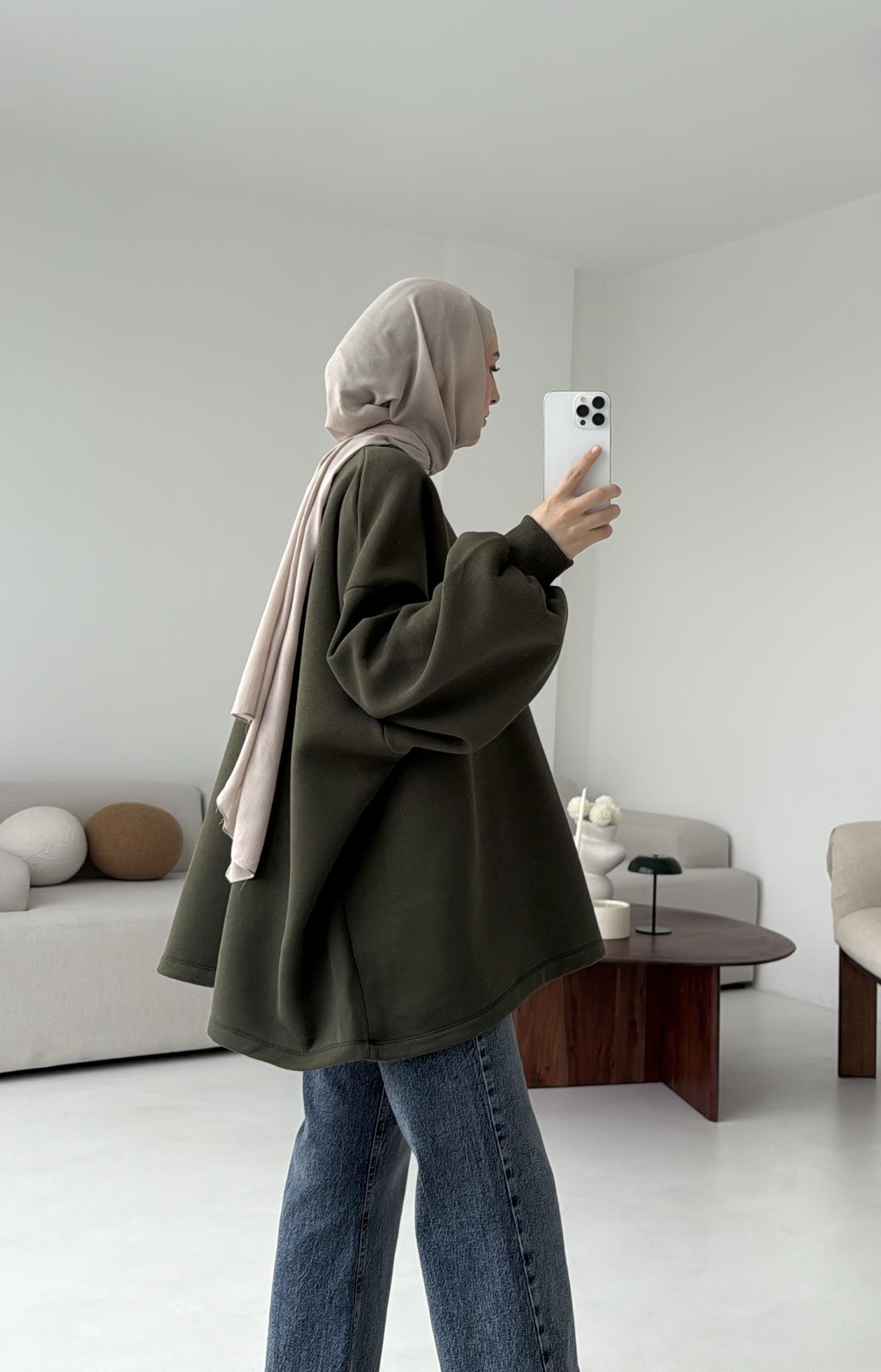 Oversize Şardonlu Sweatshirt Haki