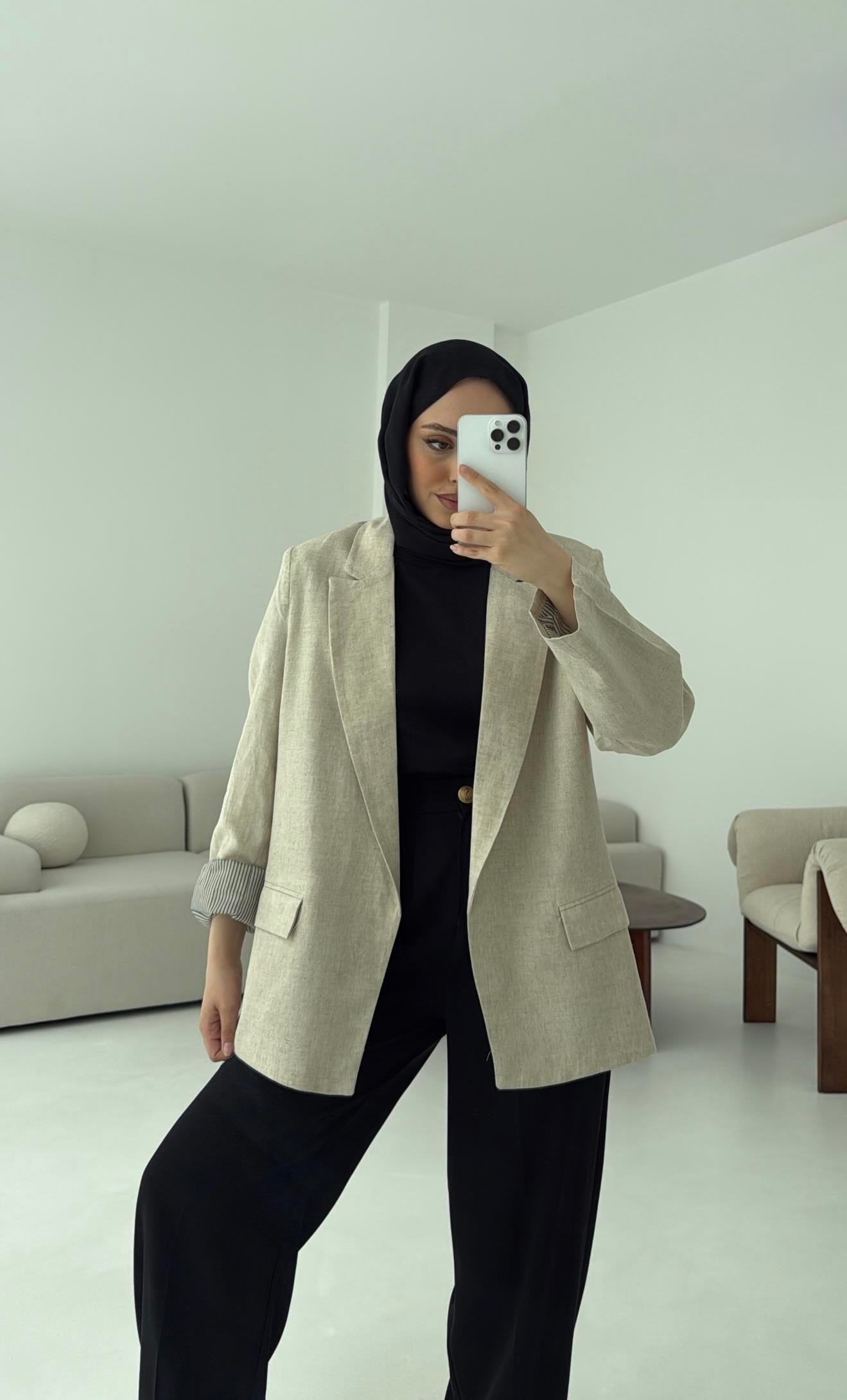 Keten Astarı Çizgili Blazer Ceket Natural