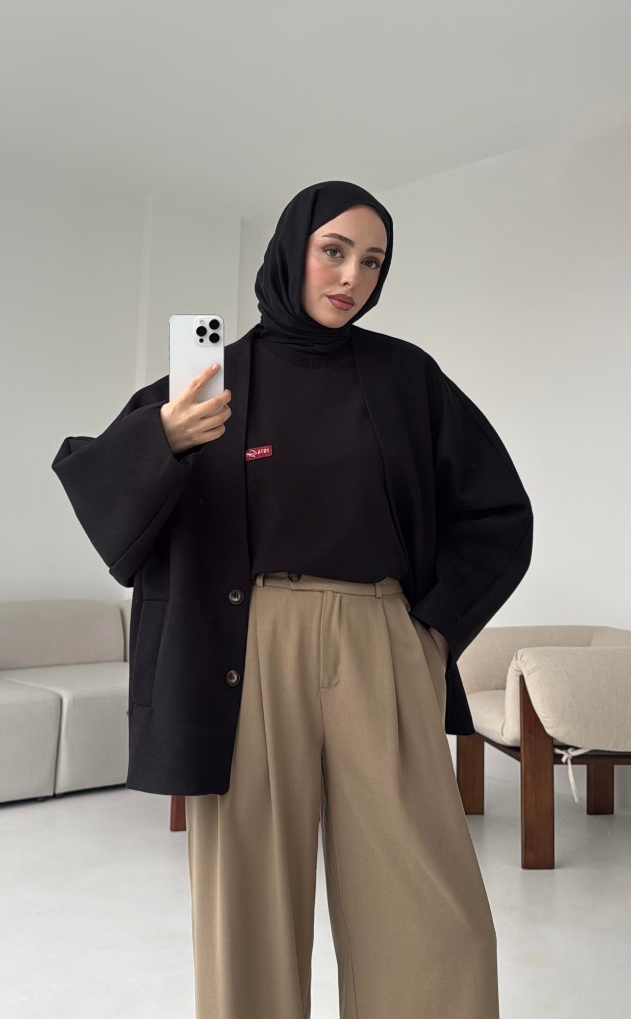 Soft Oversize Kaşe Kaban Siyah
