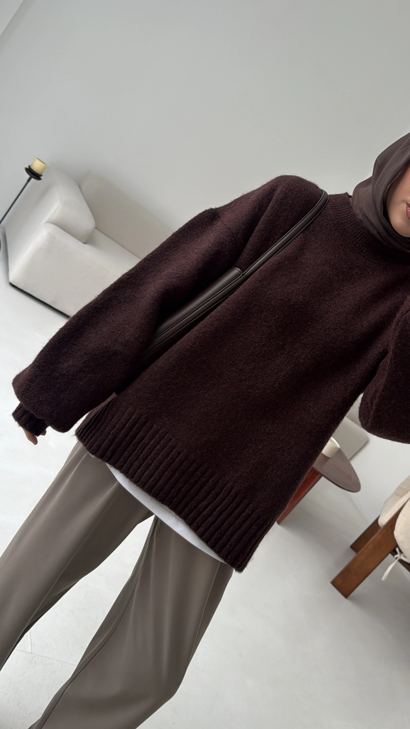 Balon Kol Yumuşak Kazak Kahve