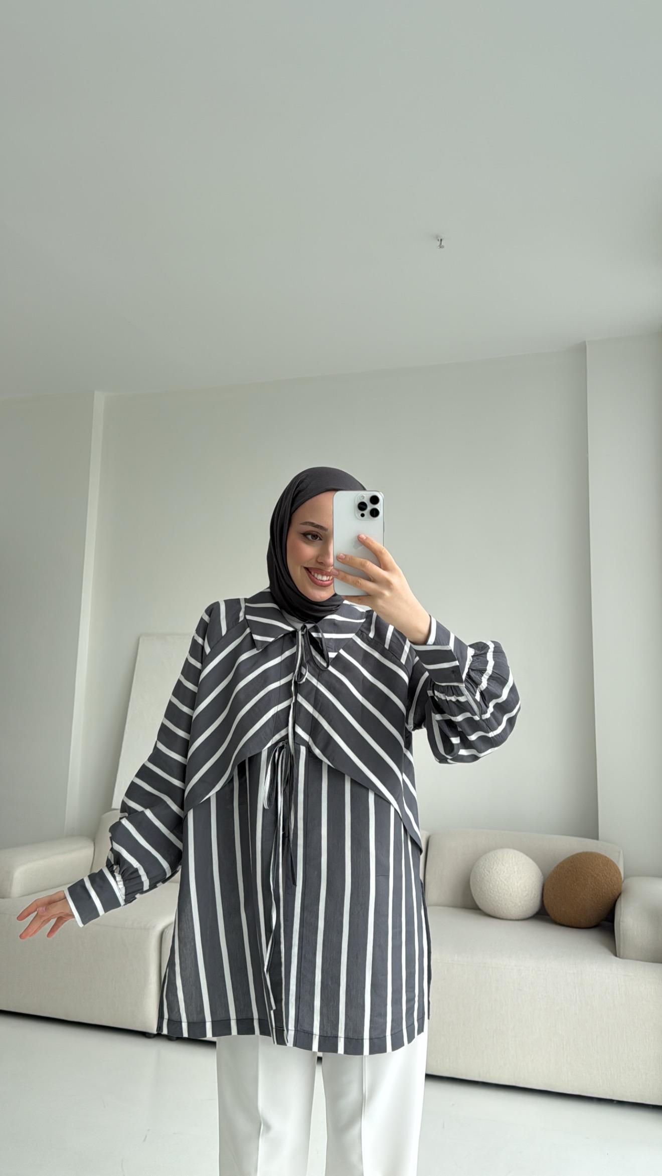 Çizgili Bağlamalı Kimono Antrasit