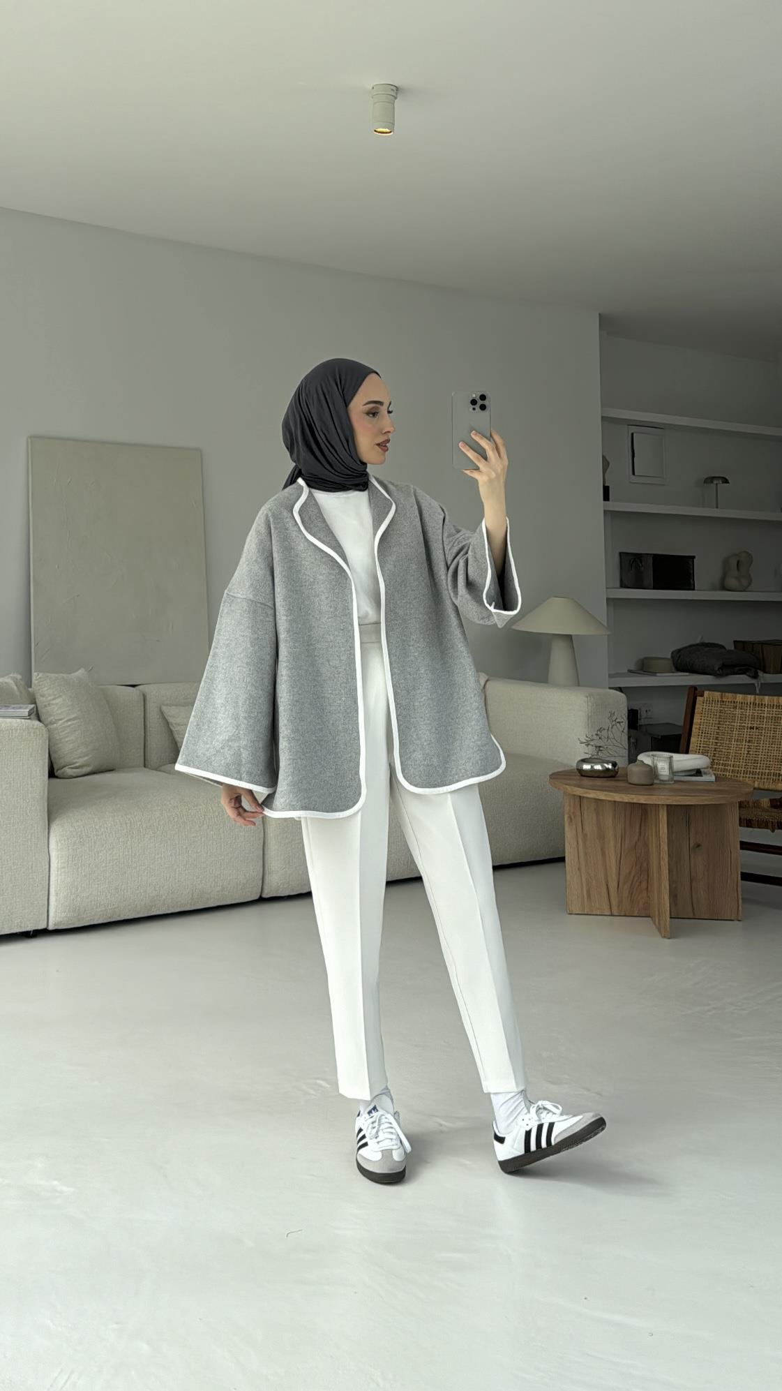 Mevsimlik Kaşe Bağlamalı Kimono Gri