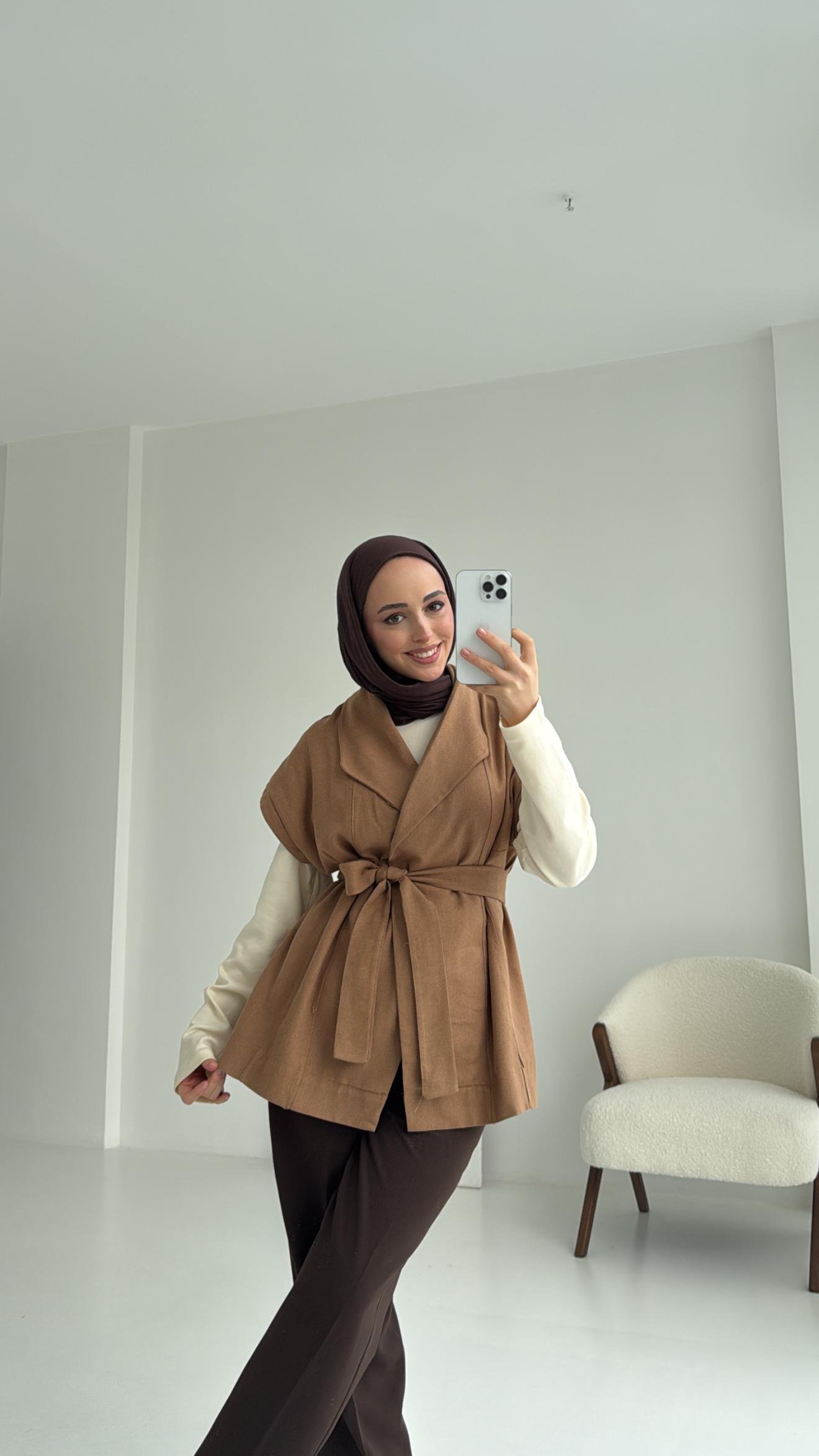 Gabardin Bağlamalı Yelek Taba