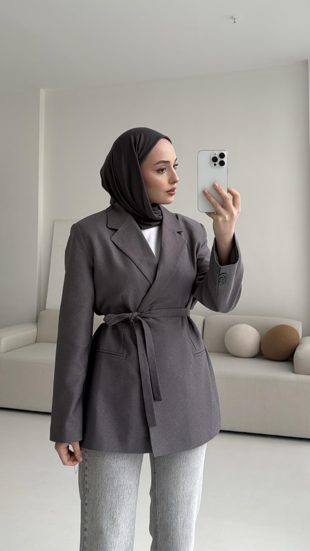 Bağlamalı Blazer Ceket Gri