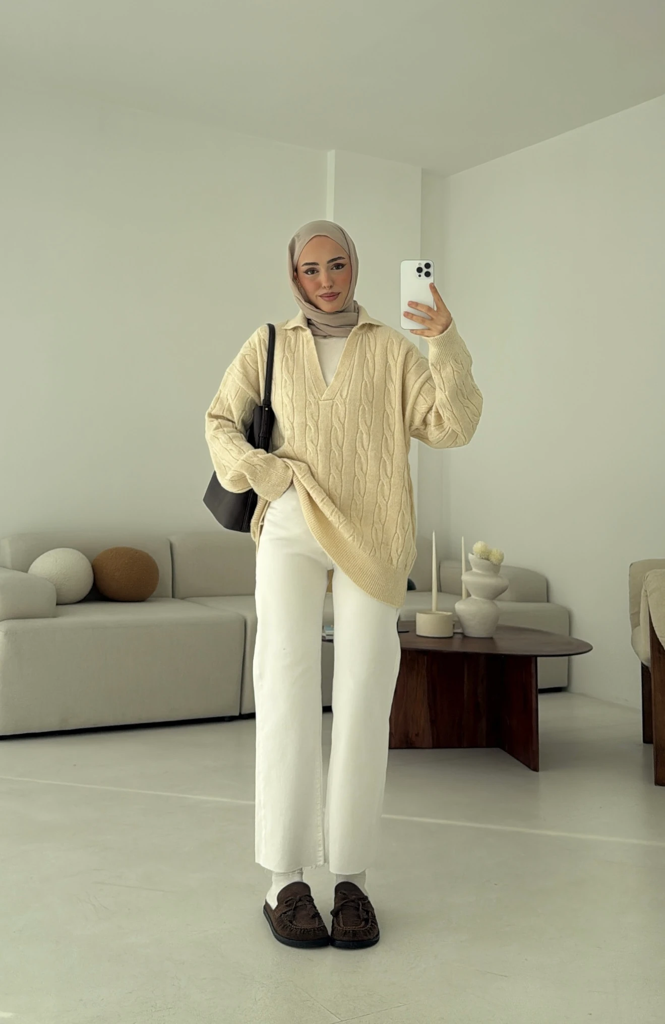 Polo Yaka Örgü Kazak Krem