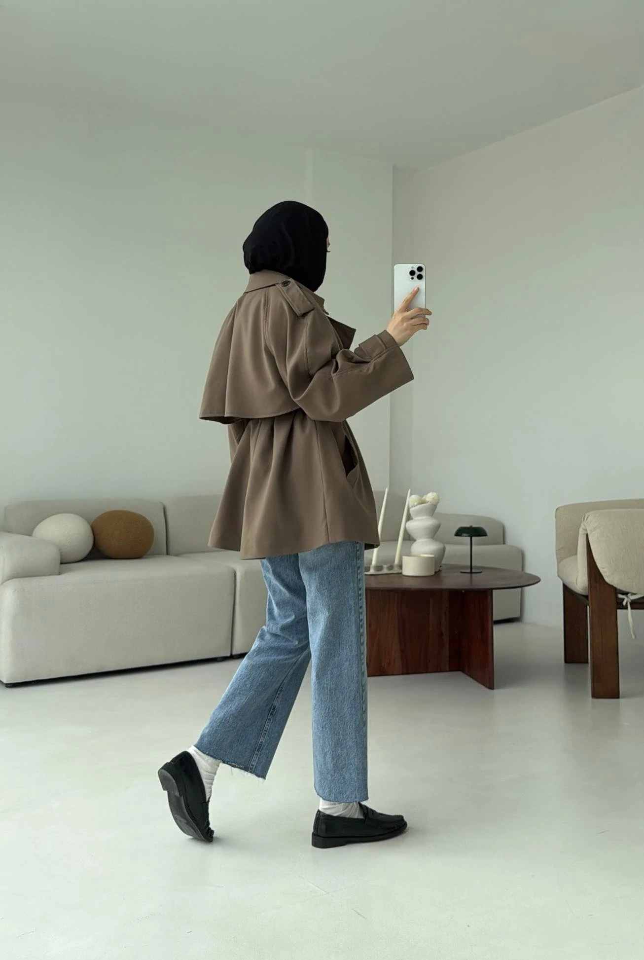 Deri Kemerli Trençkot Vizon