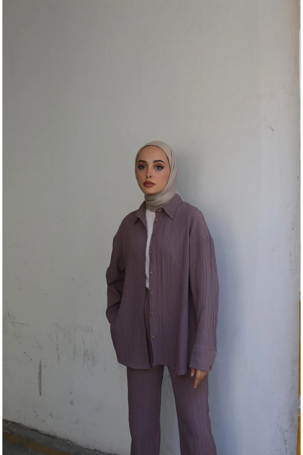 Gofre Gömlek Pantolon Takım Gül Kurusu