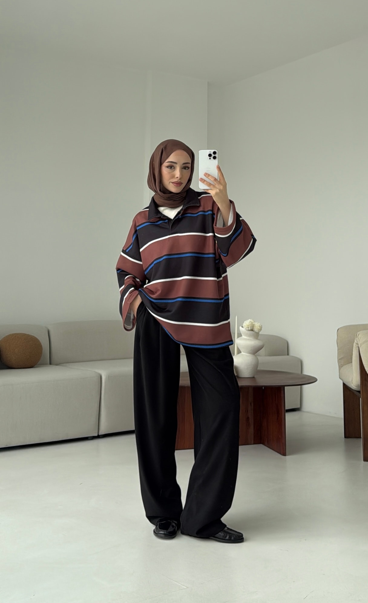 Fleece Polo Yaka Sweatshirt Kahve
