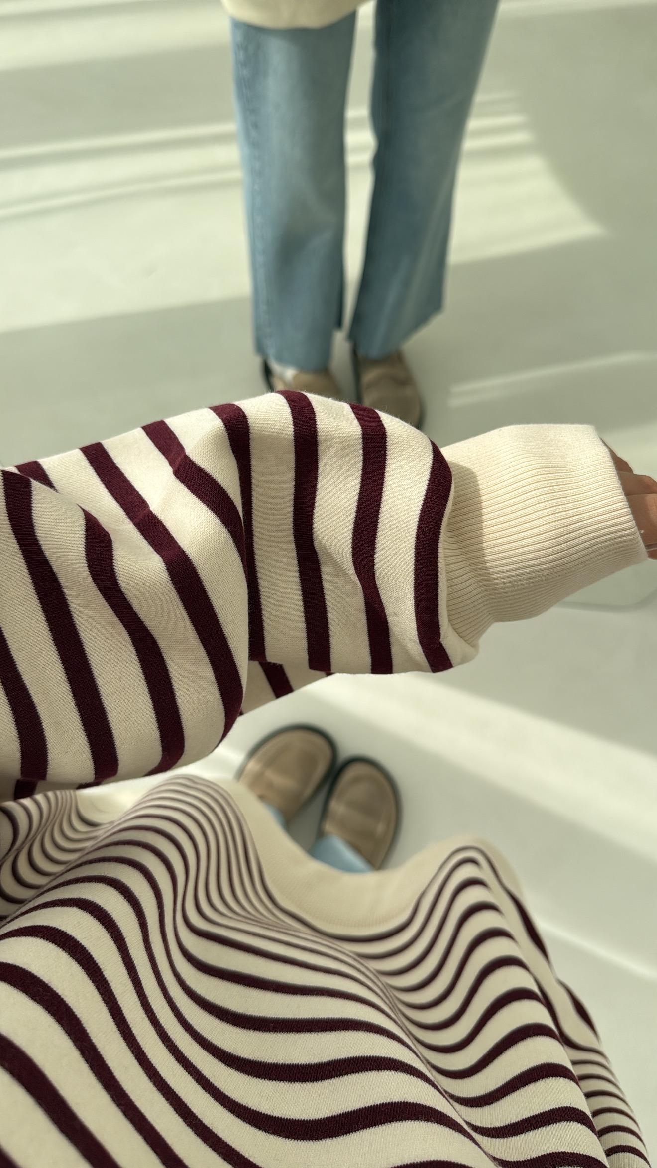 Çizgili Oversize Sweatshirt Bordo