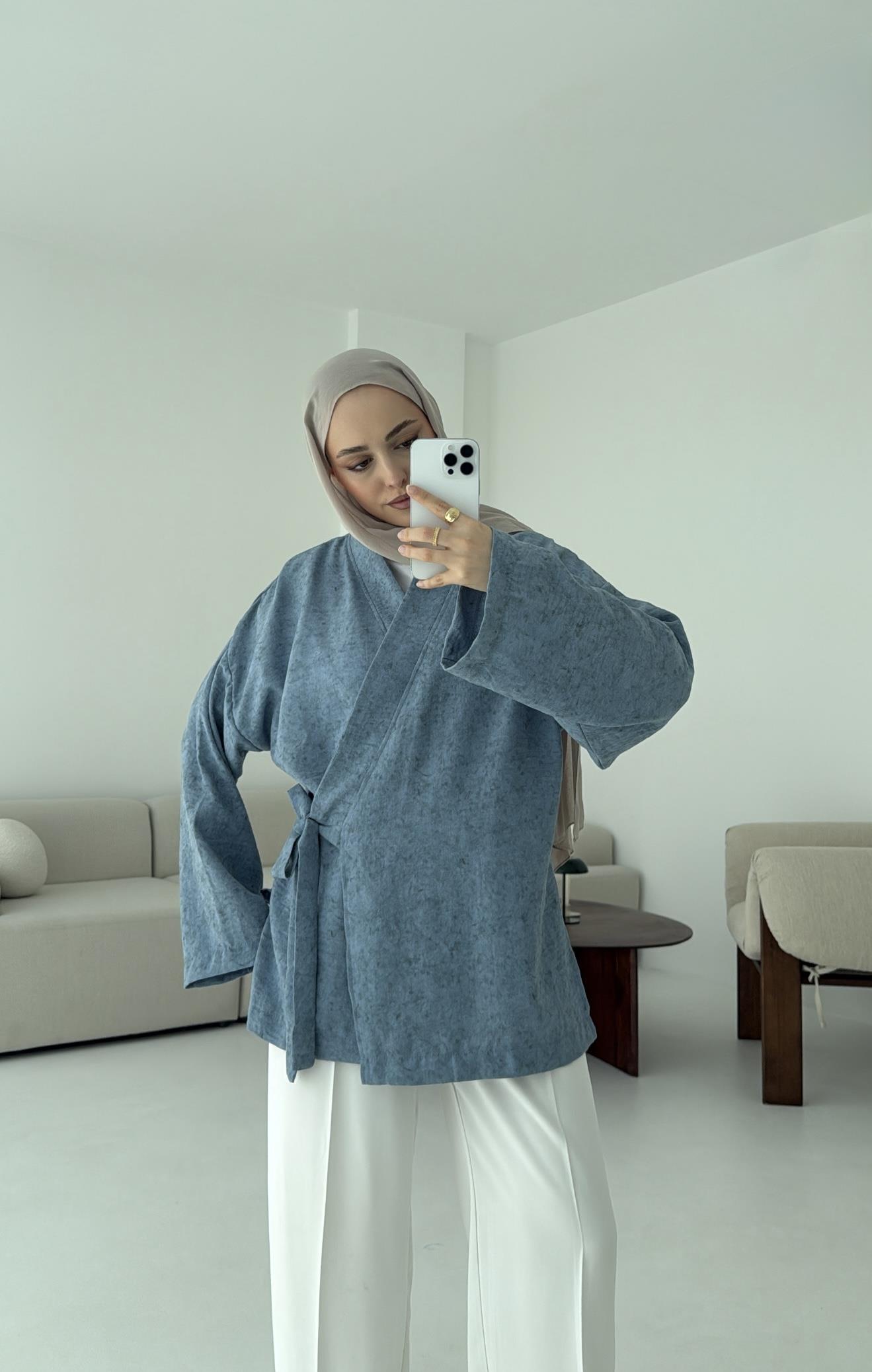 Keten Batik Bambu Kimono Mavi