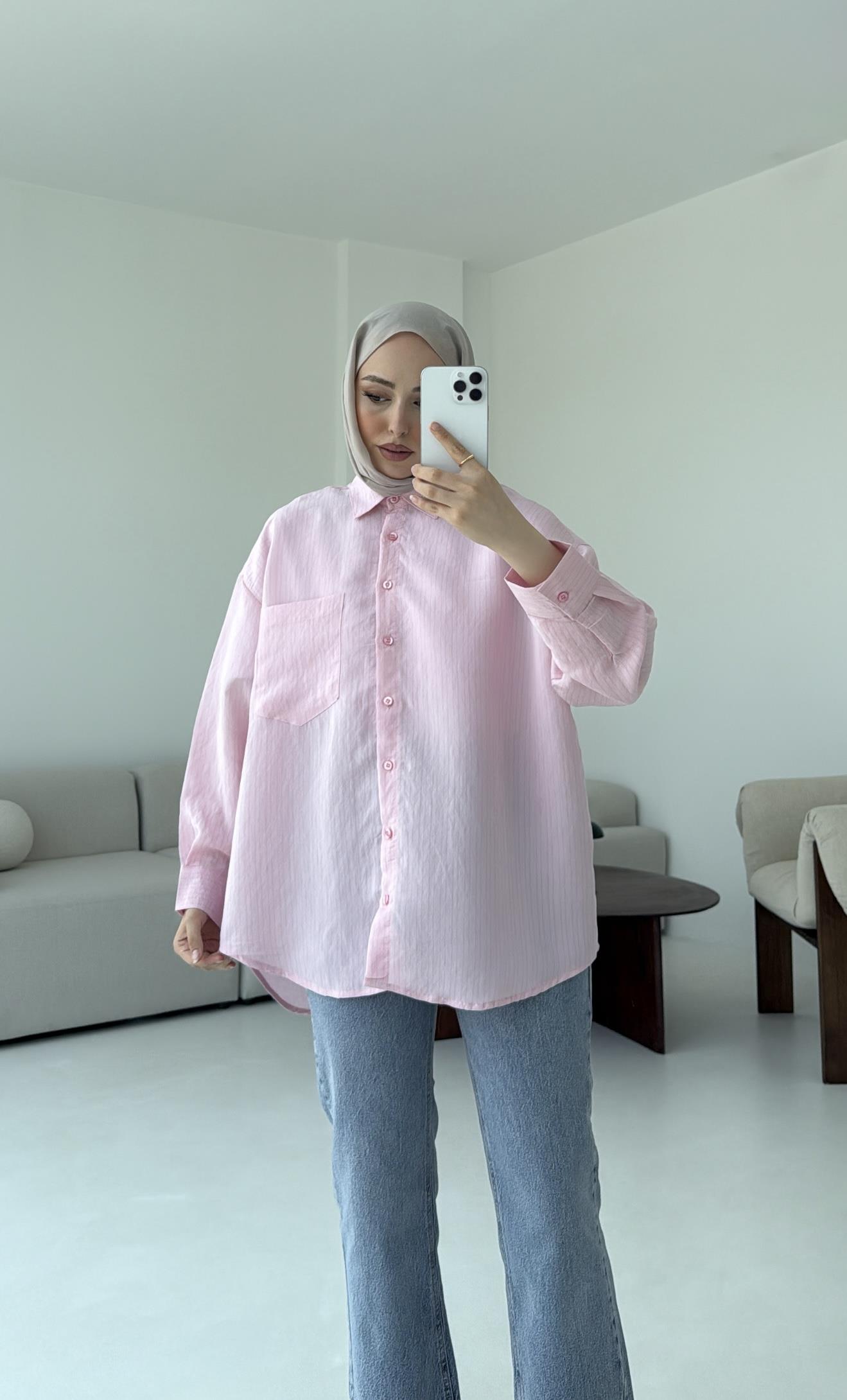 Pembe Tek Cep Çizgili Gömlek