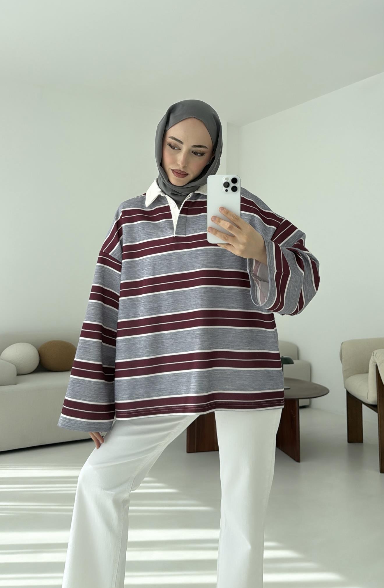 Gri Çizgili Polo Yaka Sweatshrt