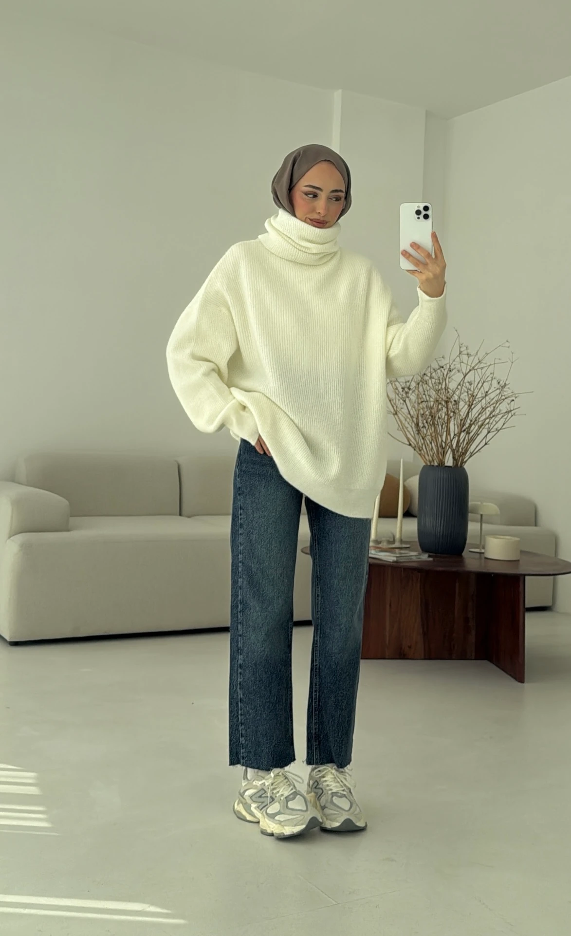 Balıkçı Yaka Oversizse Triko Kazak Beyaz