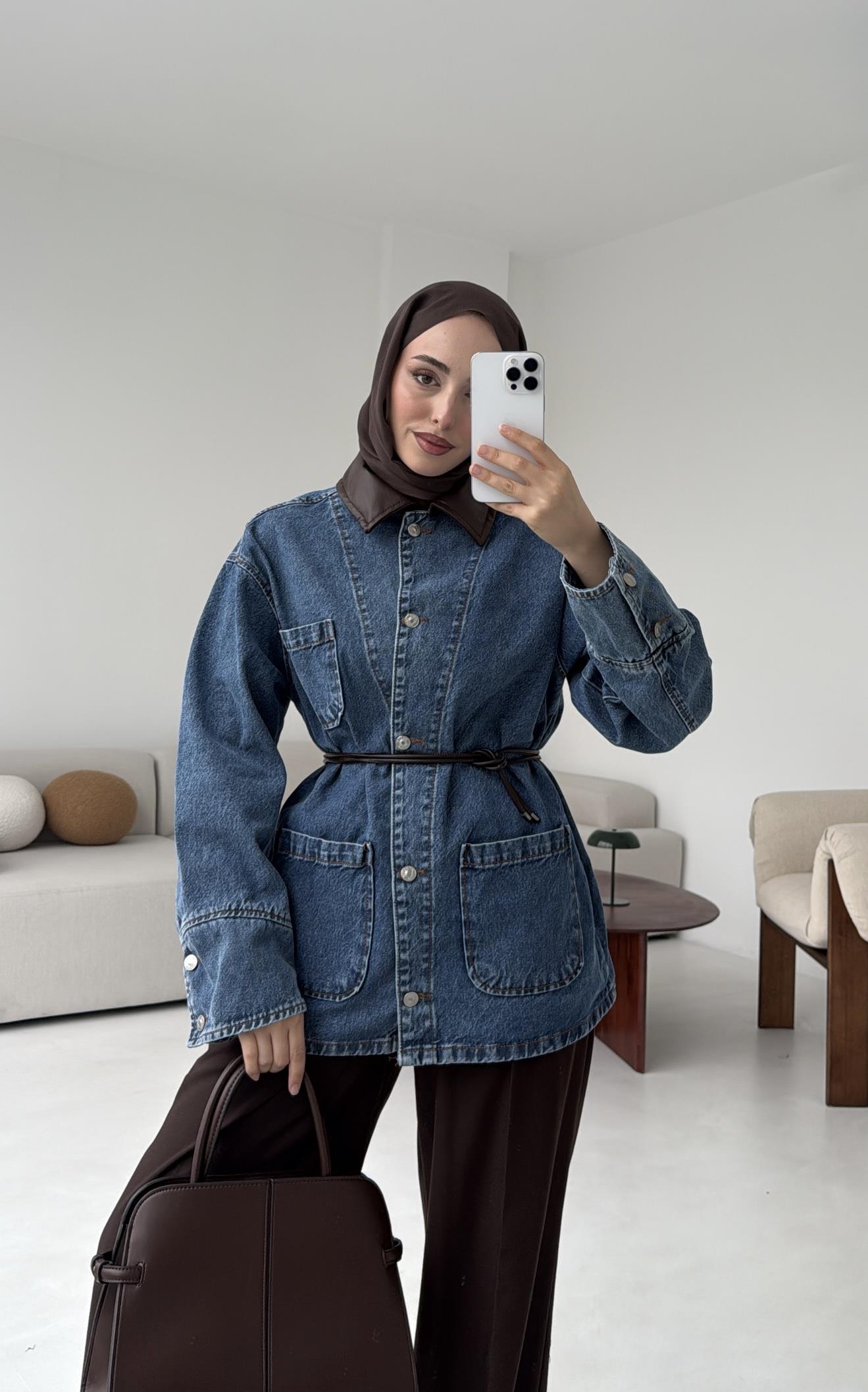 Yakası Deri Denim Ceket