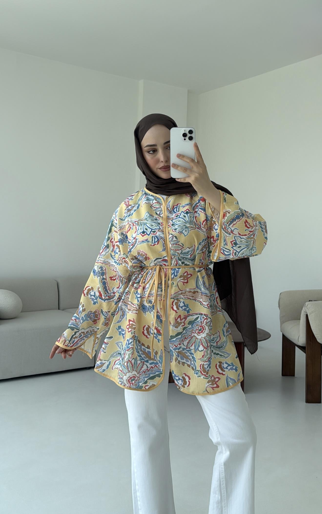 Dijital Baskılı Kimono Sarı