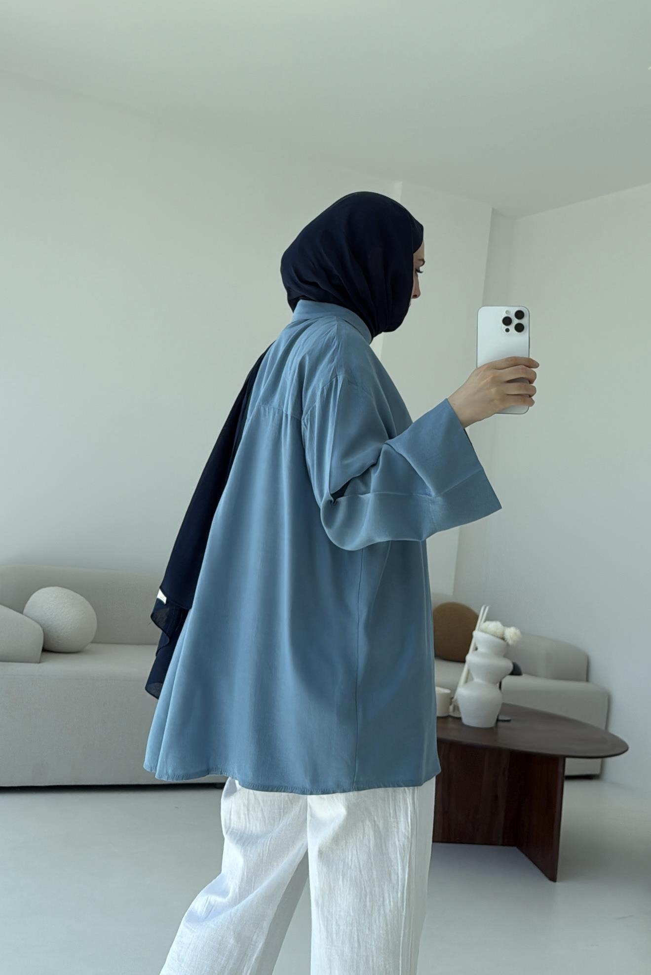 Tencel Yıkamalı Gömlek Mavi
