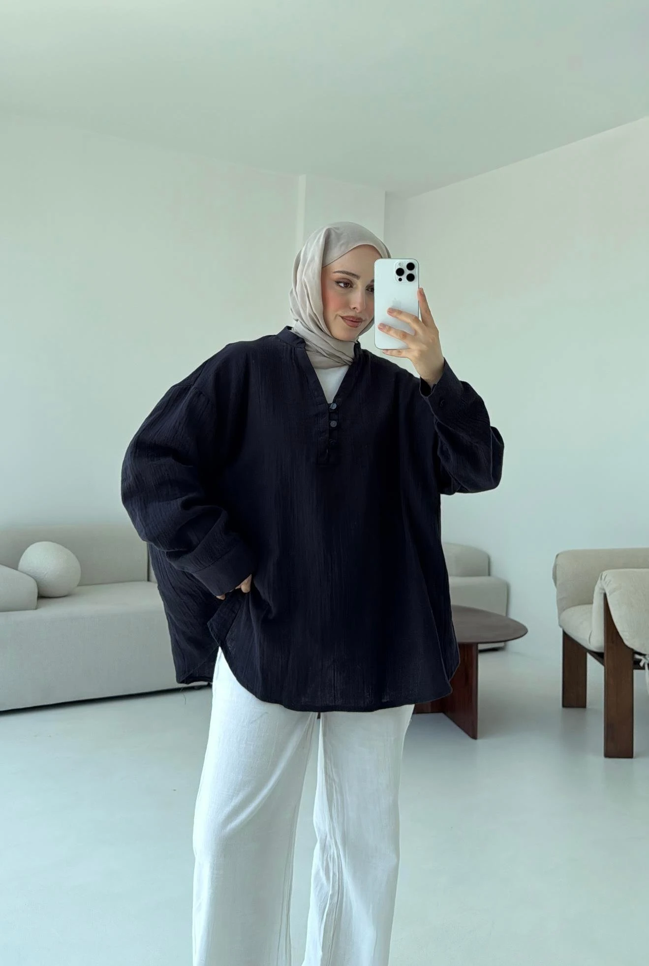 Müslin Düğmeli Gömlek Lacivert