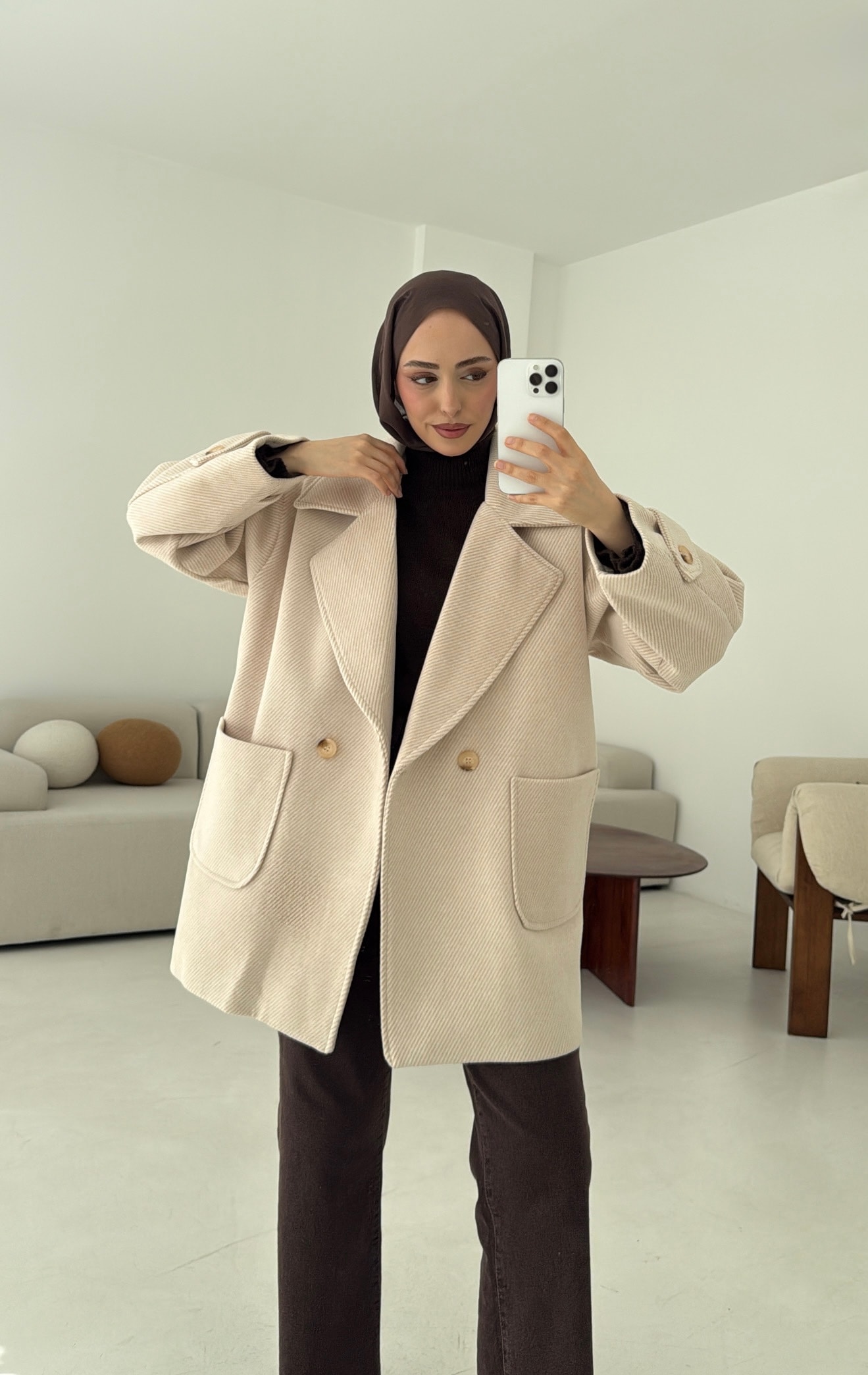 Bej Geçişli Kaşe Kaban