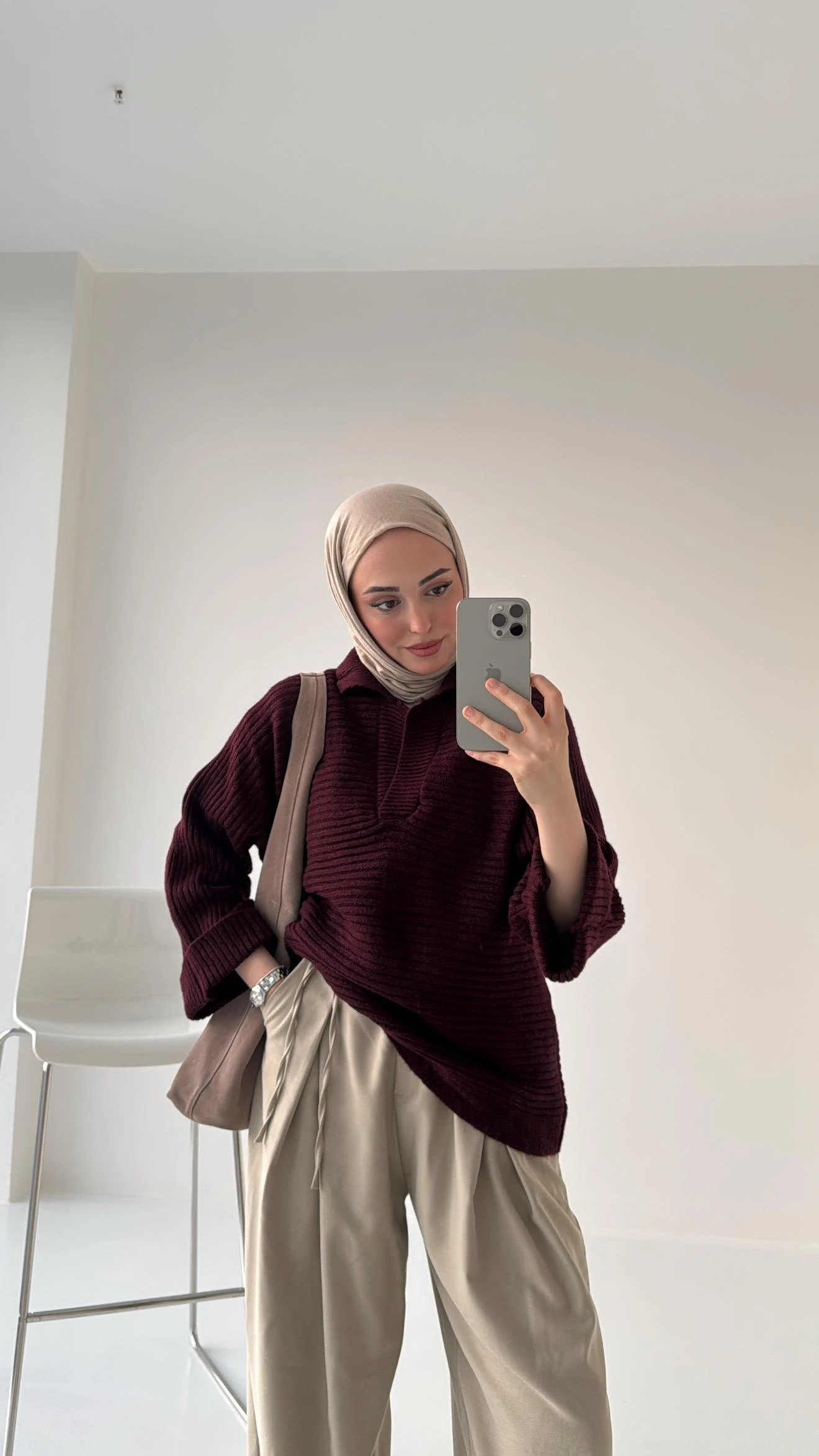 Premium Polo Yaka Kolu Katlamalı Yün Kazak Bordo