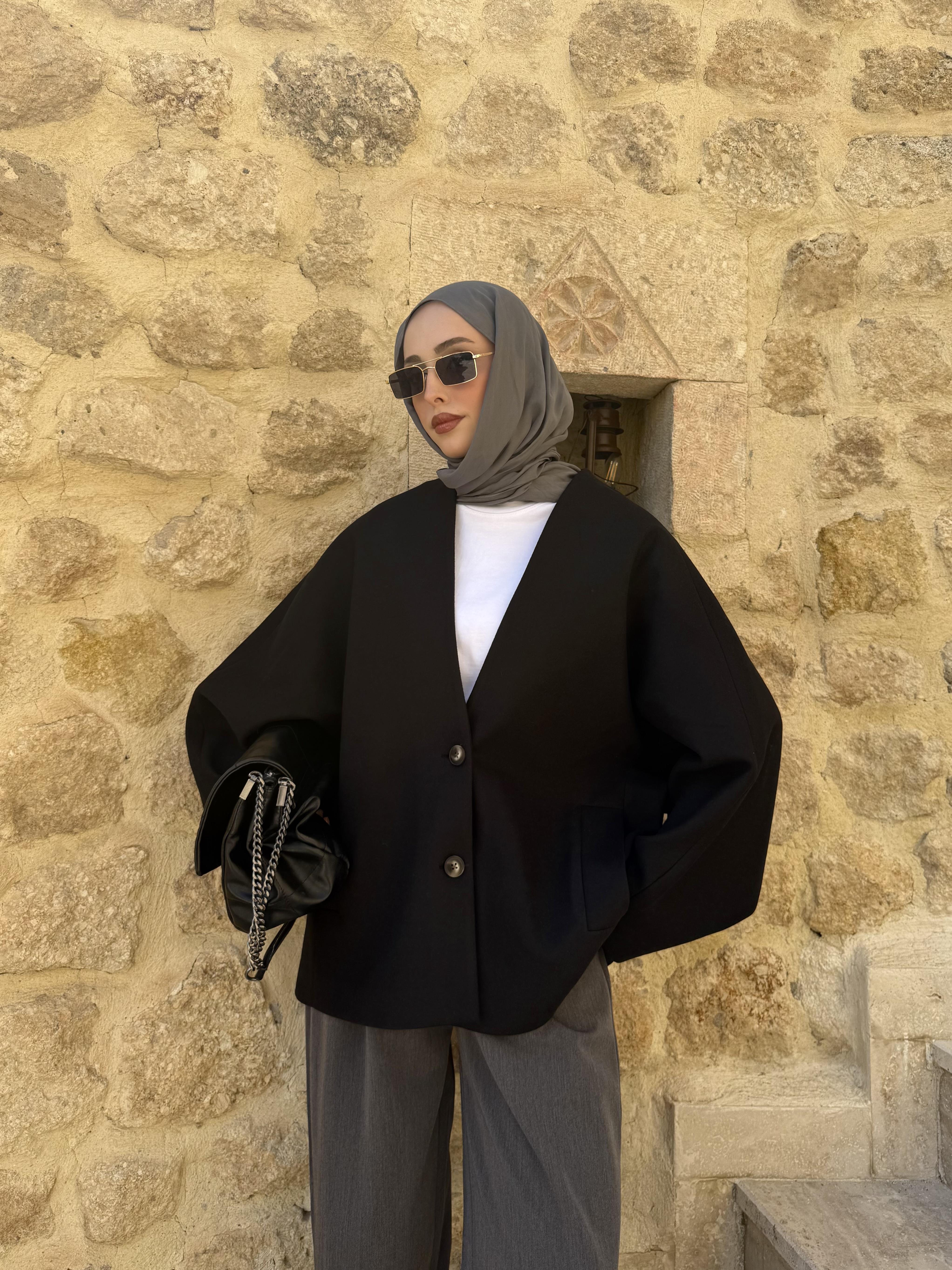 Soft Oversize Kaşe Kaban Siyah