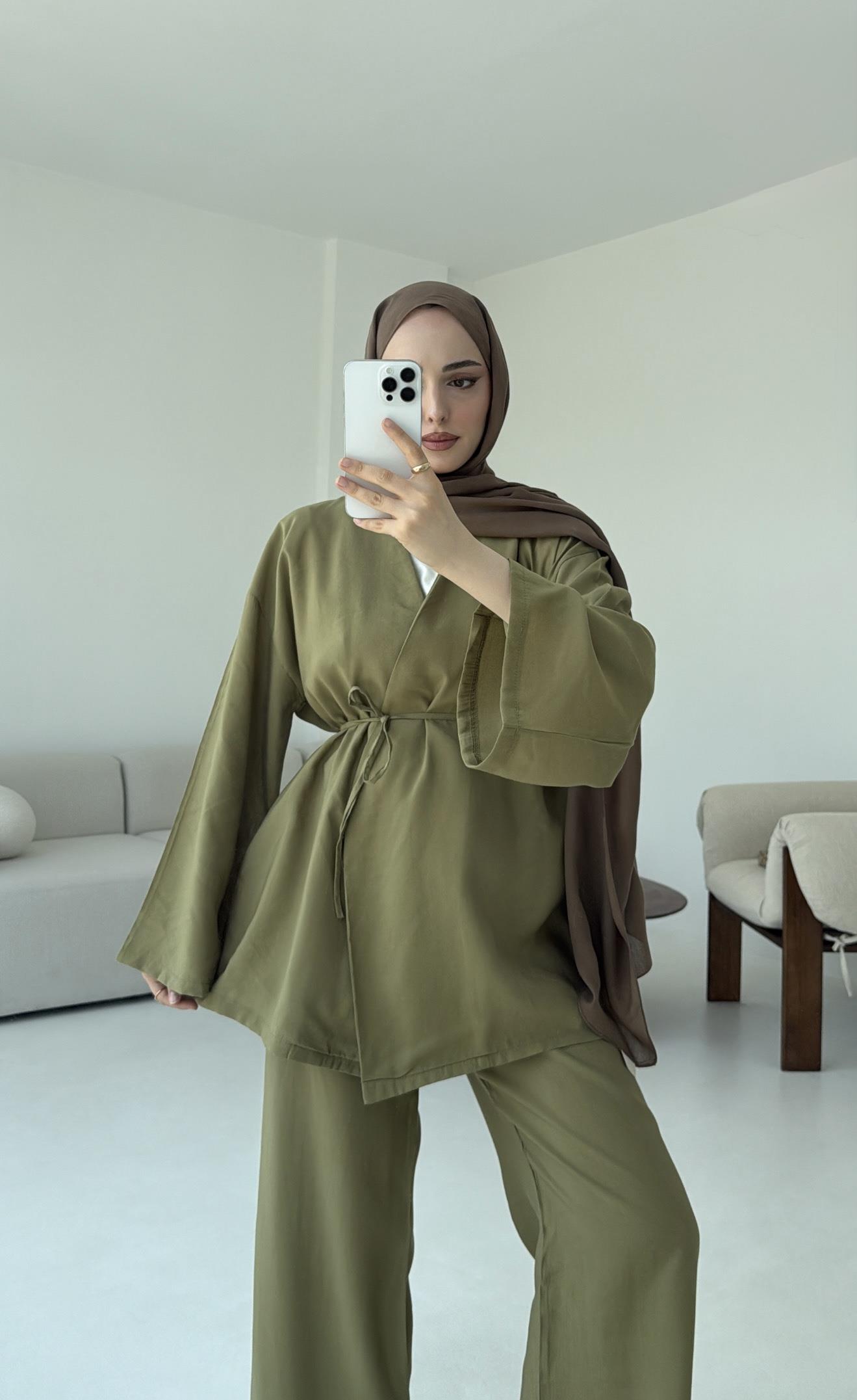 Bluz Biyeli Pantolon Takım Olive