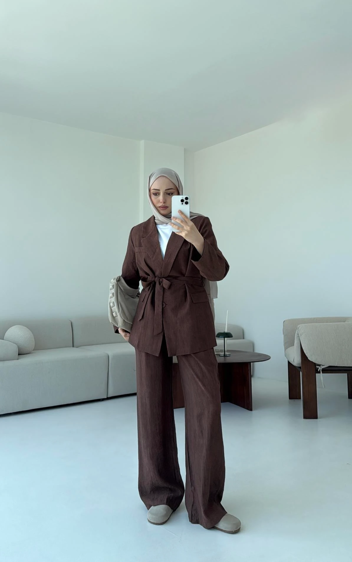 Kemerli Ceket Beli Lastikli Pantolon Takım  Kahve