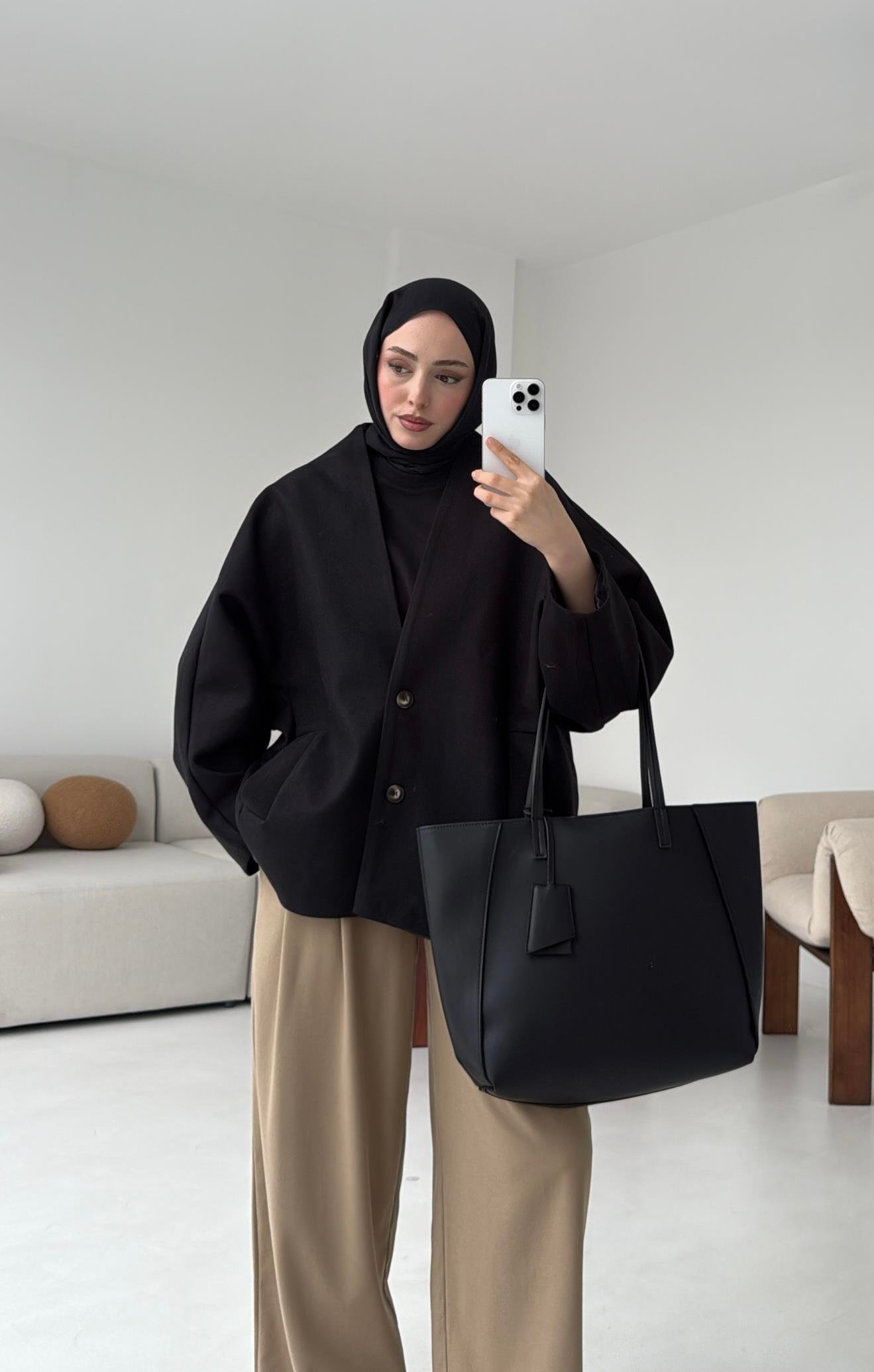 Soft Oversize Kaşe Kaban Siyah