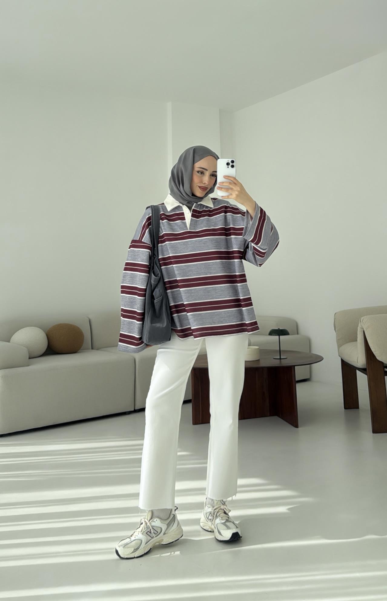 Gri Çizgili Polo Yaka Sweatshrt