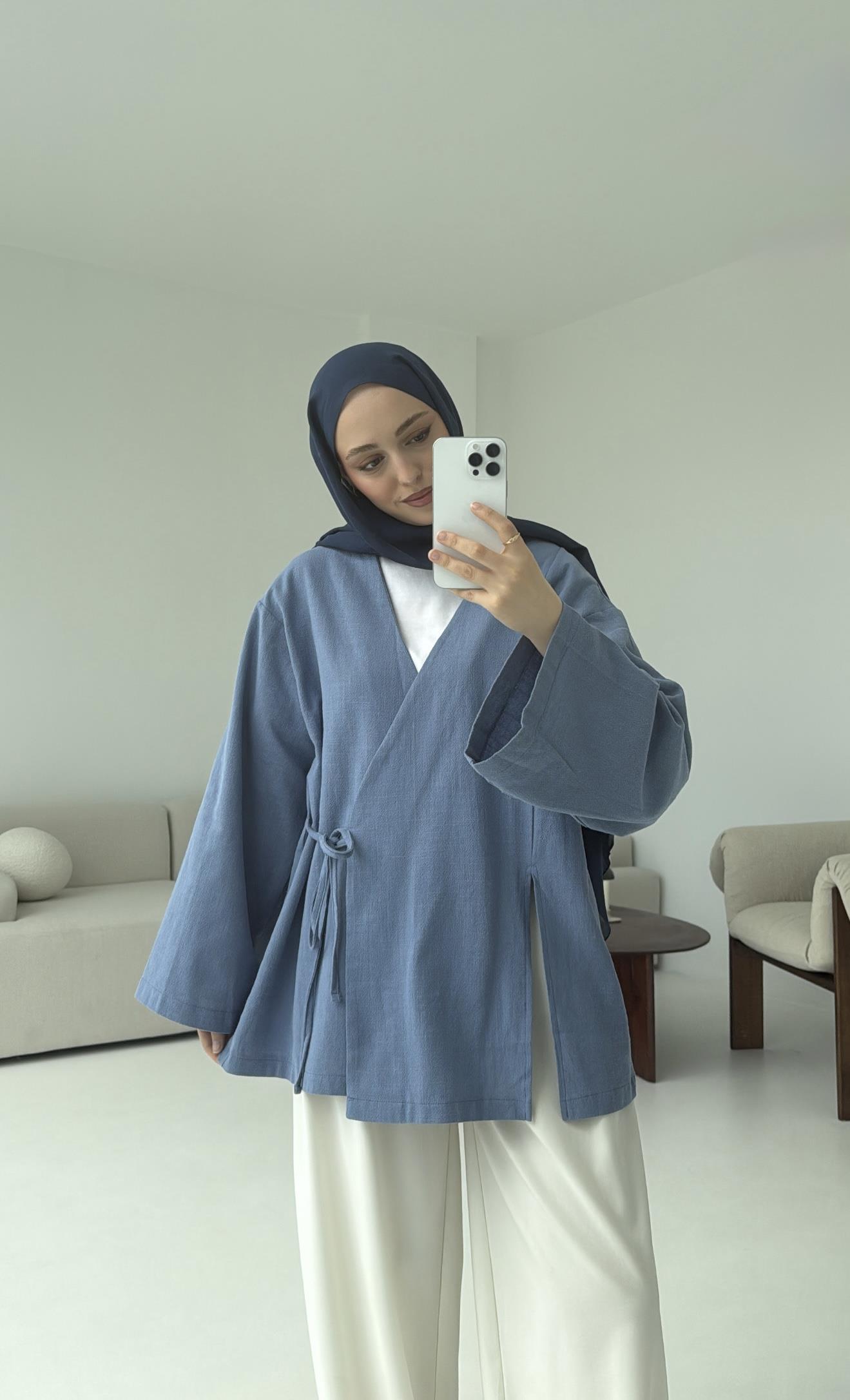 İndigo Yırtmaç Detay Keten Kimono