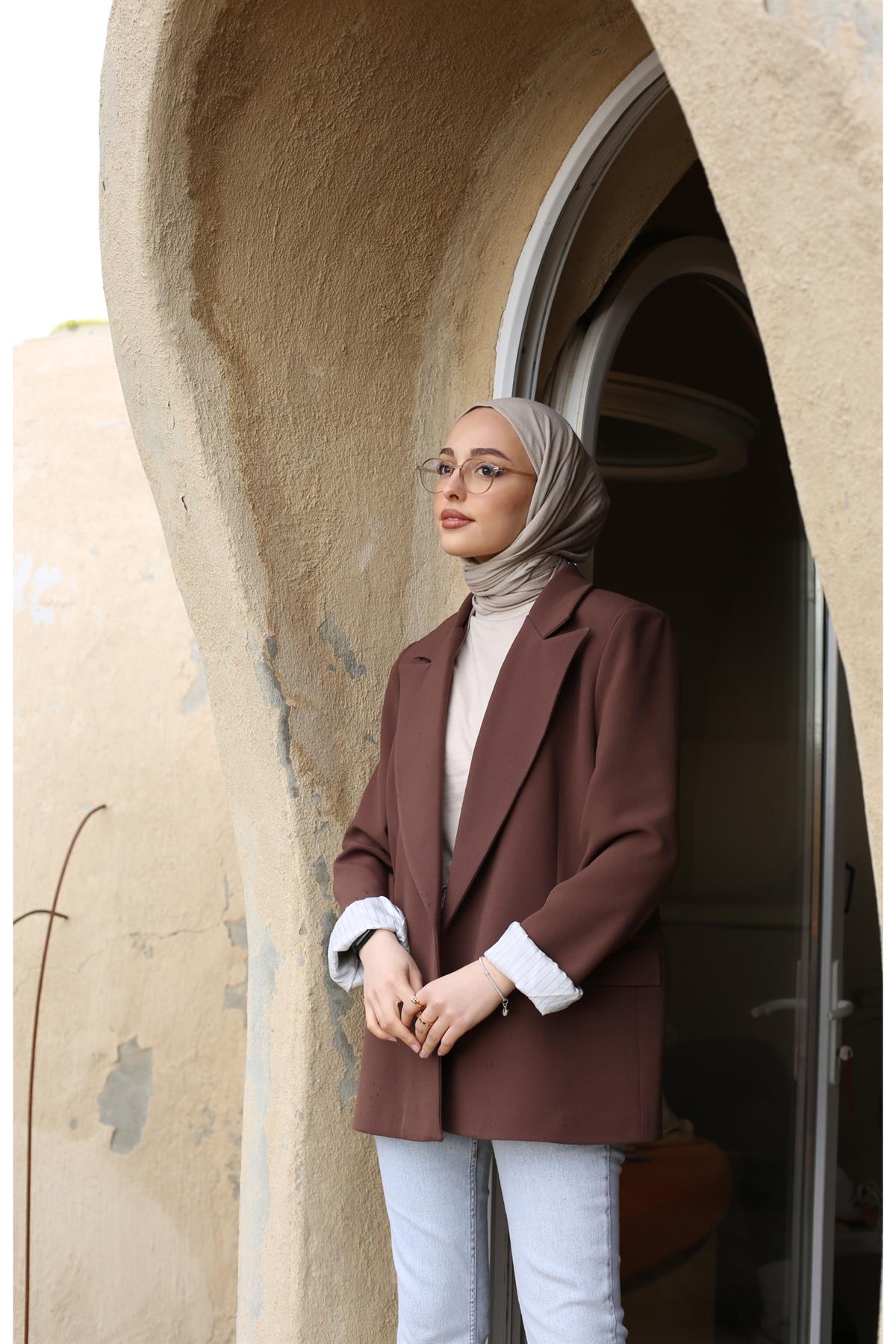 İç Astarı Çizgili Blazer Ceket Kahve
