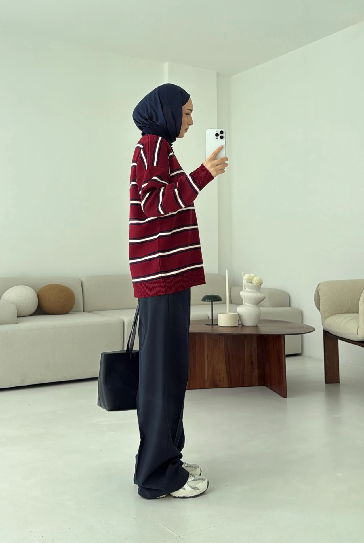 Bordo Çizgili Polo Yaka Triko Kazak