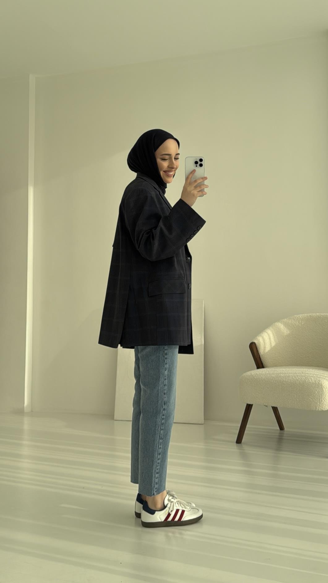 Ekose Oversize Blazer Ceket Lacivert
