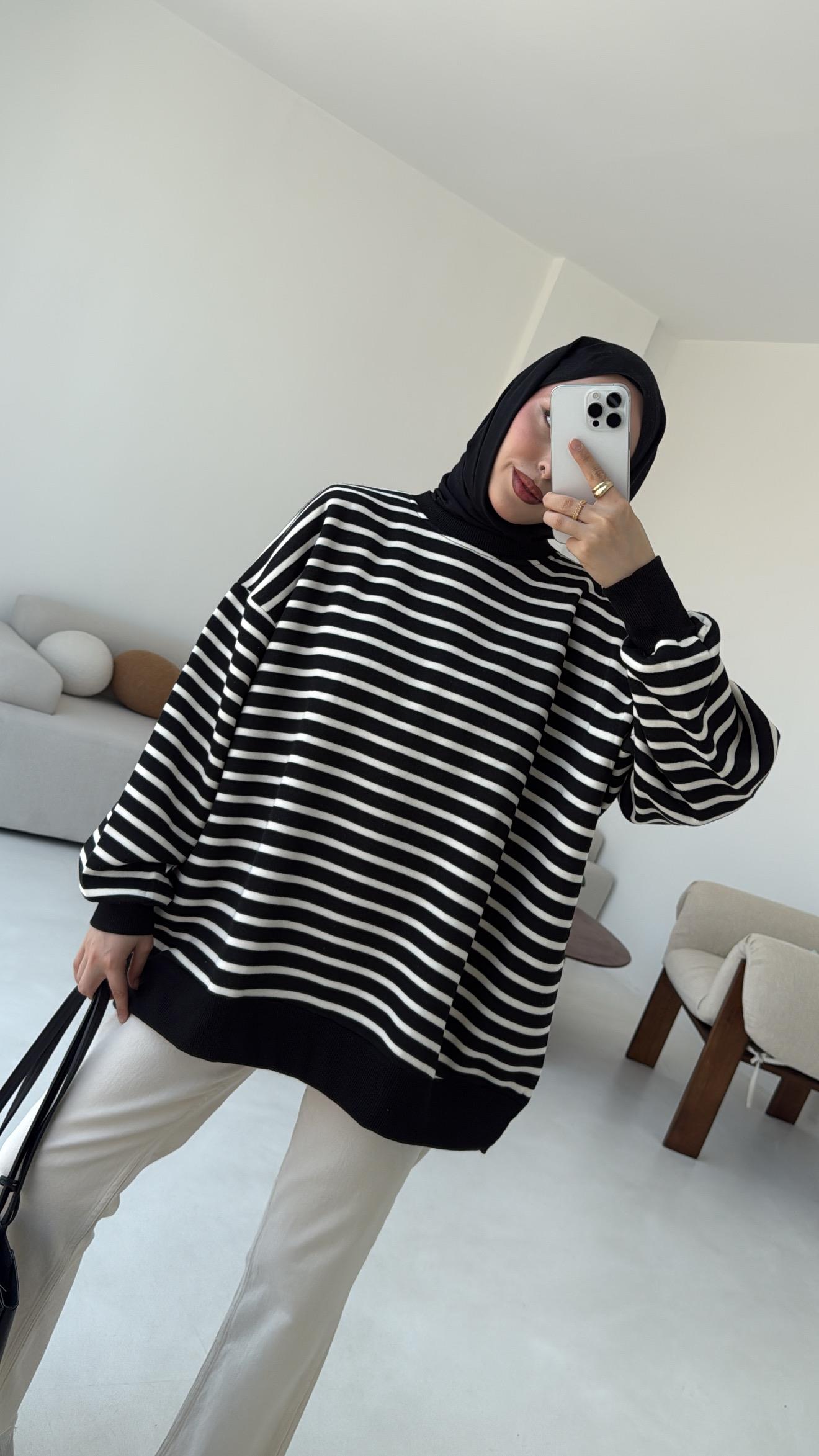 Çizgili Oversize Sweatshirt Siyah