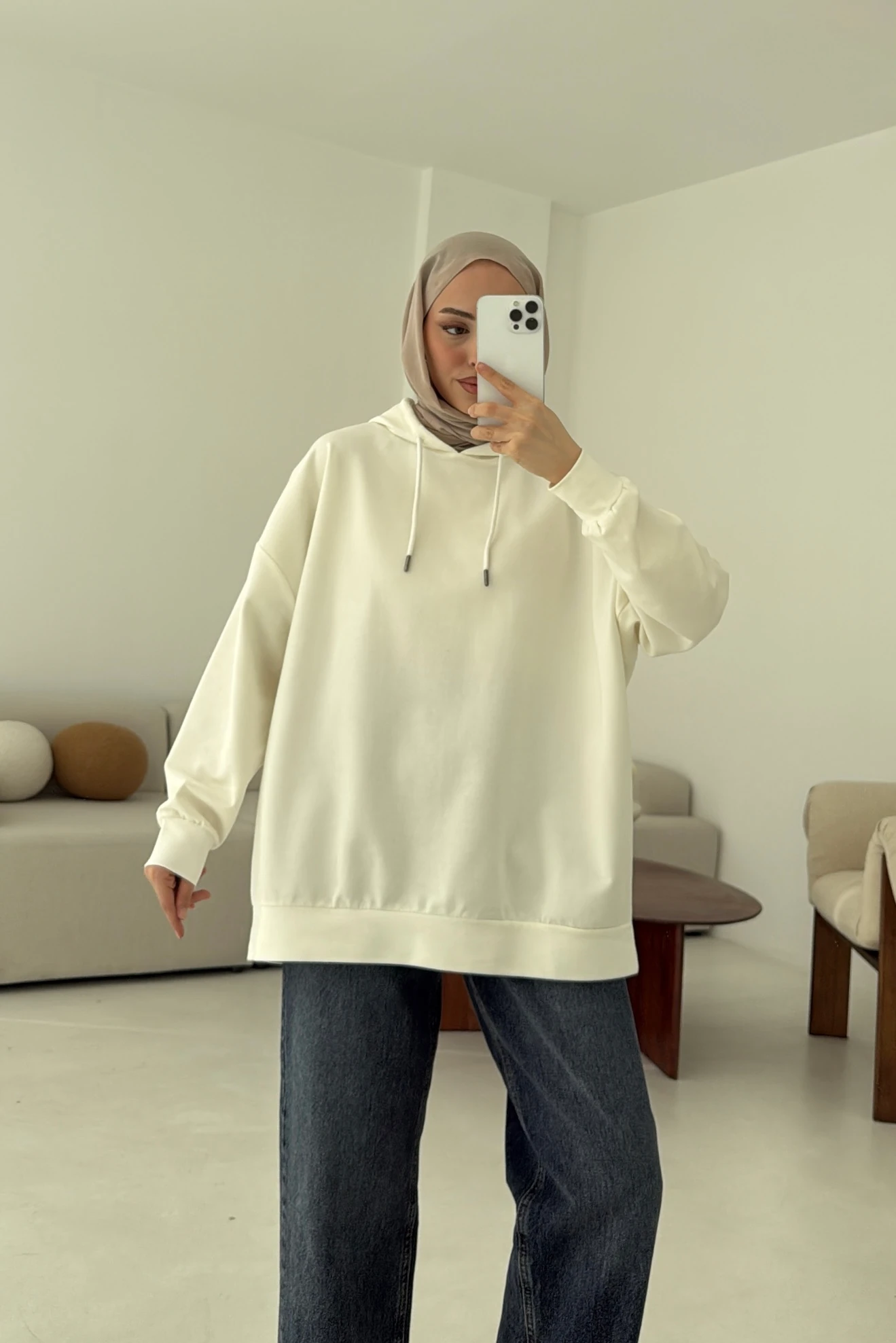 İki İplik Kapşonlu Sweat Beyaz