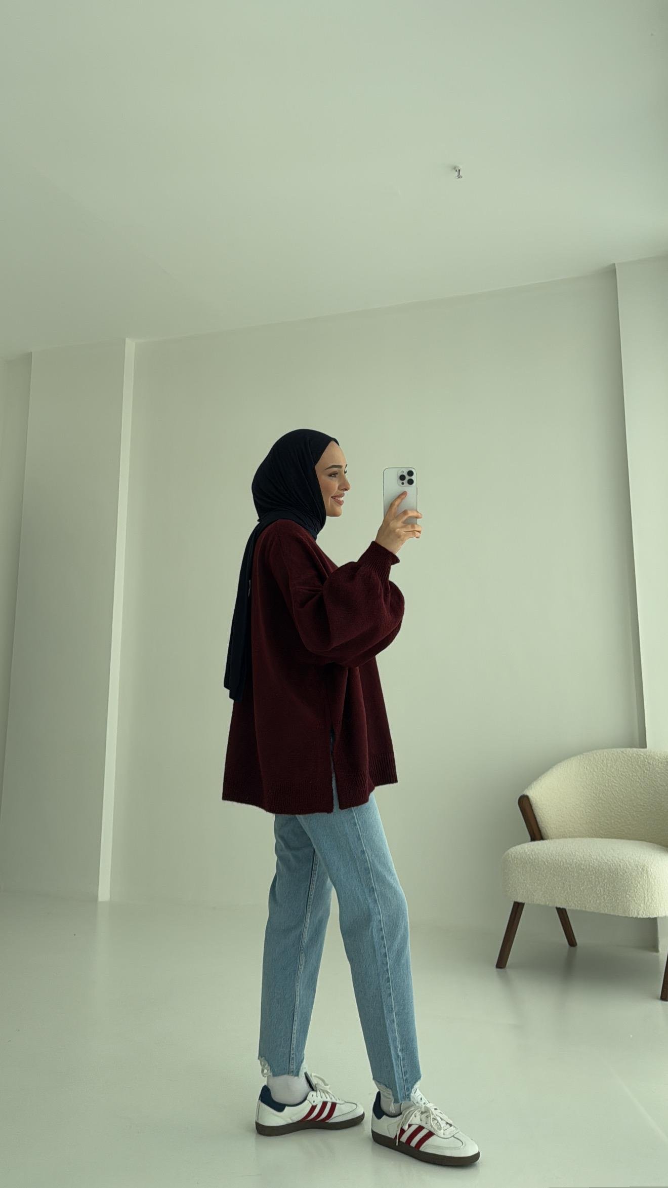 Yırtmaç Detay Balon Kol Triko Bordo