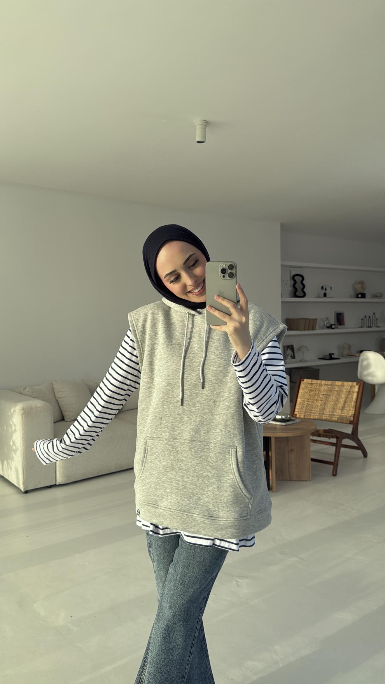 Kapüşonlu Çizgili İki Parçalı Sweat Gri