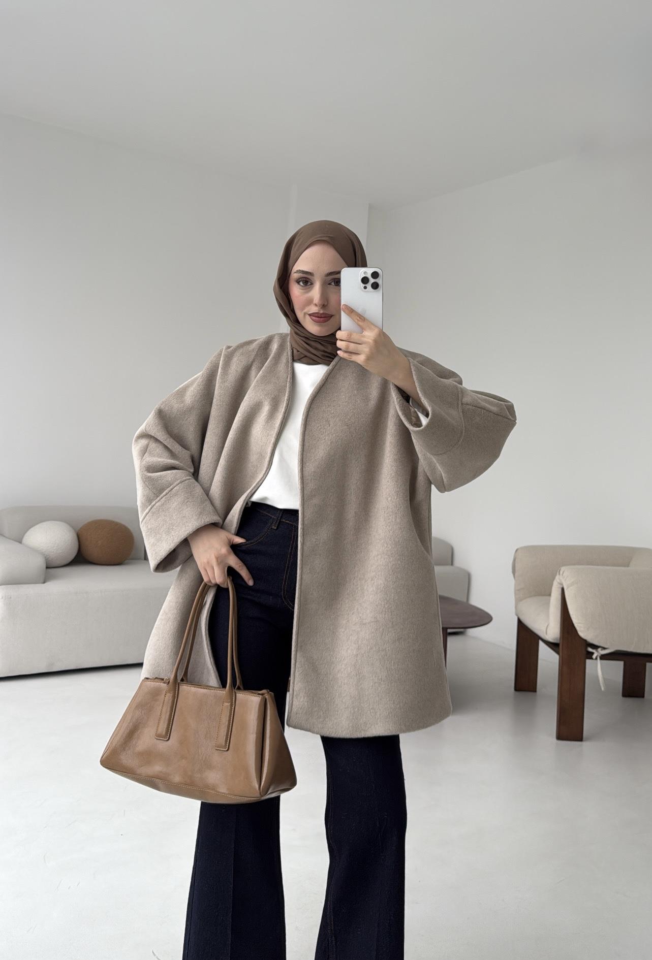 Premium Kuşaklı Kaşe Kaban Vizon