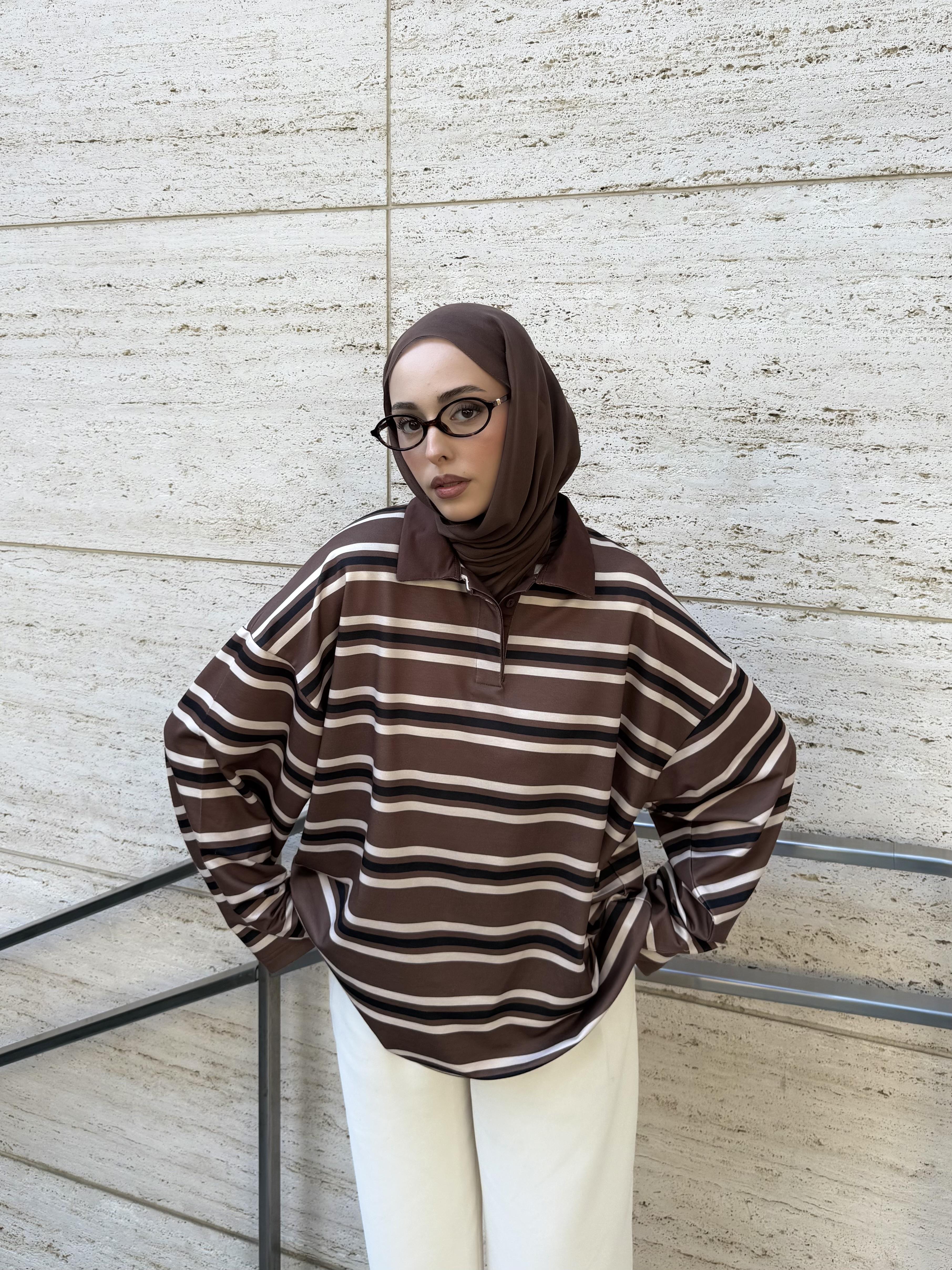 Kahve Çizgili Polo Yaka Sweatshrt