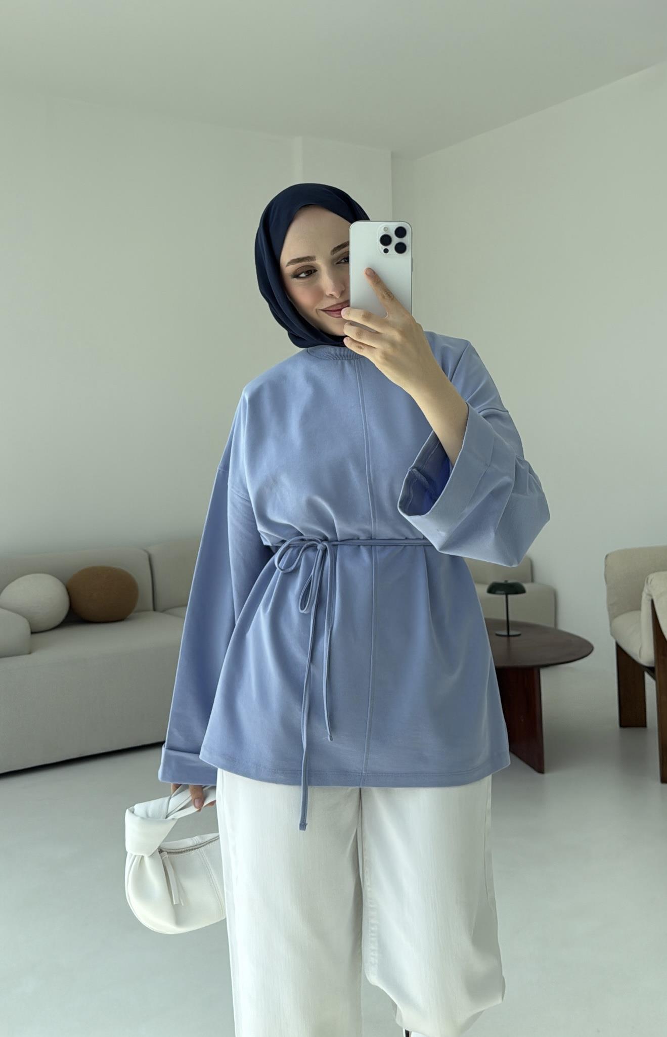 Bağlamalı Yanı Yırtmaç Detay Sweat Mavi