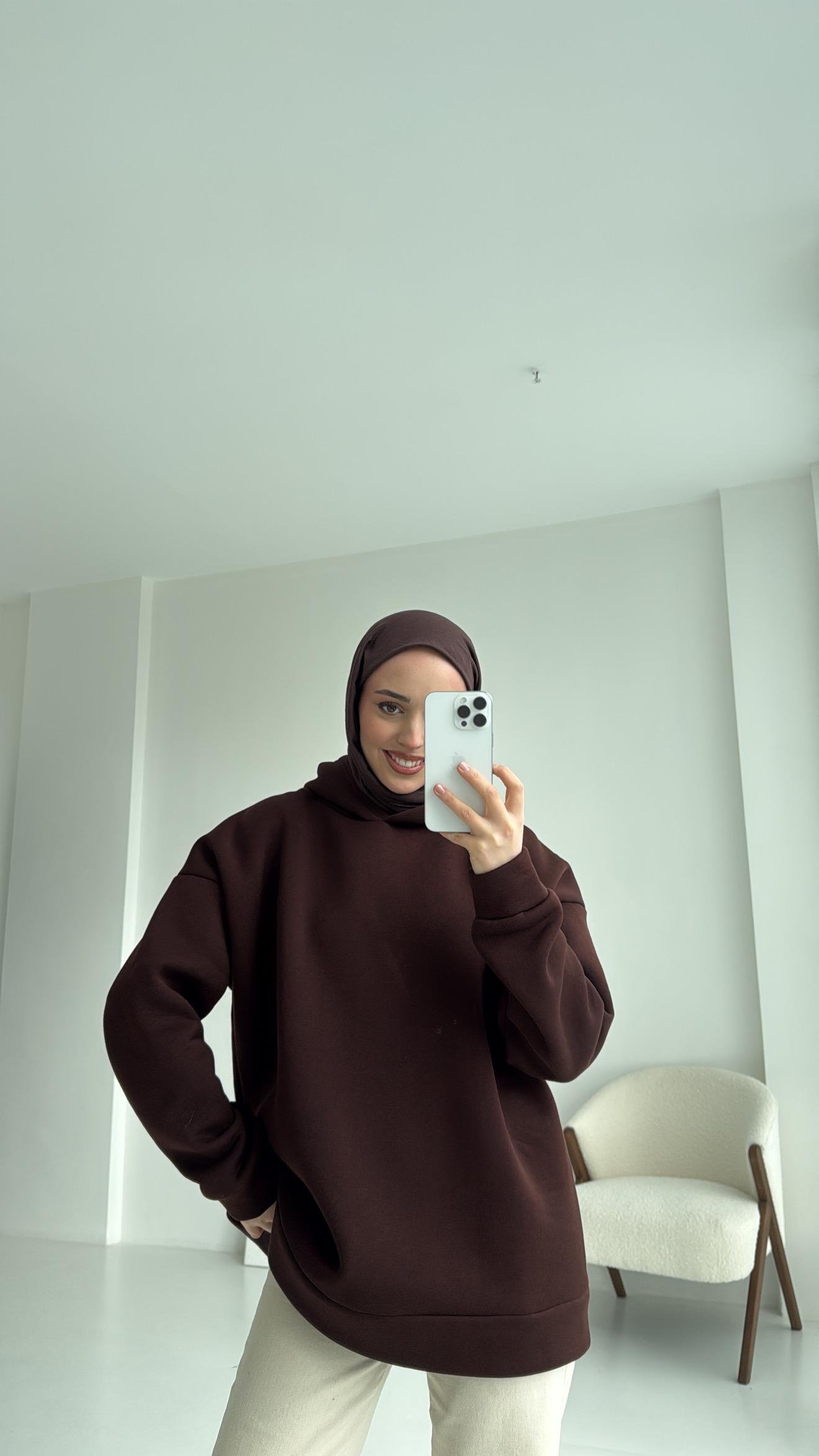 Şardonlu Oversize Kahve Sweatshirt