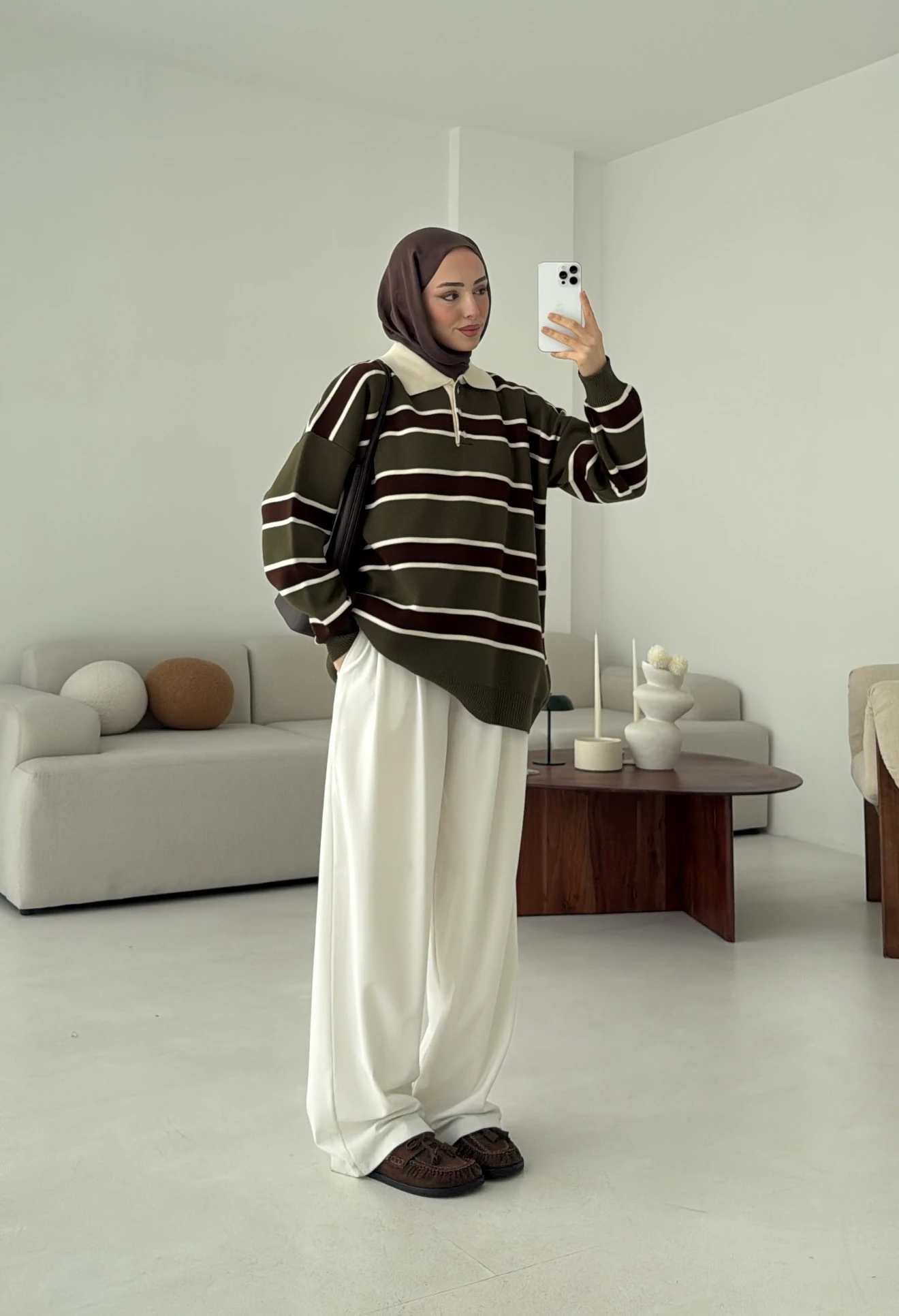 Haki Kahve Çizgili Triko Kazak