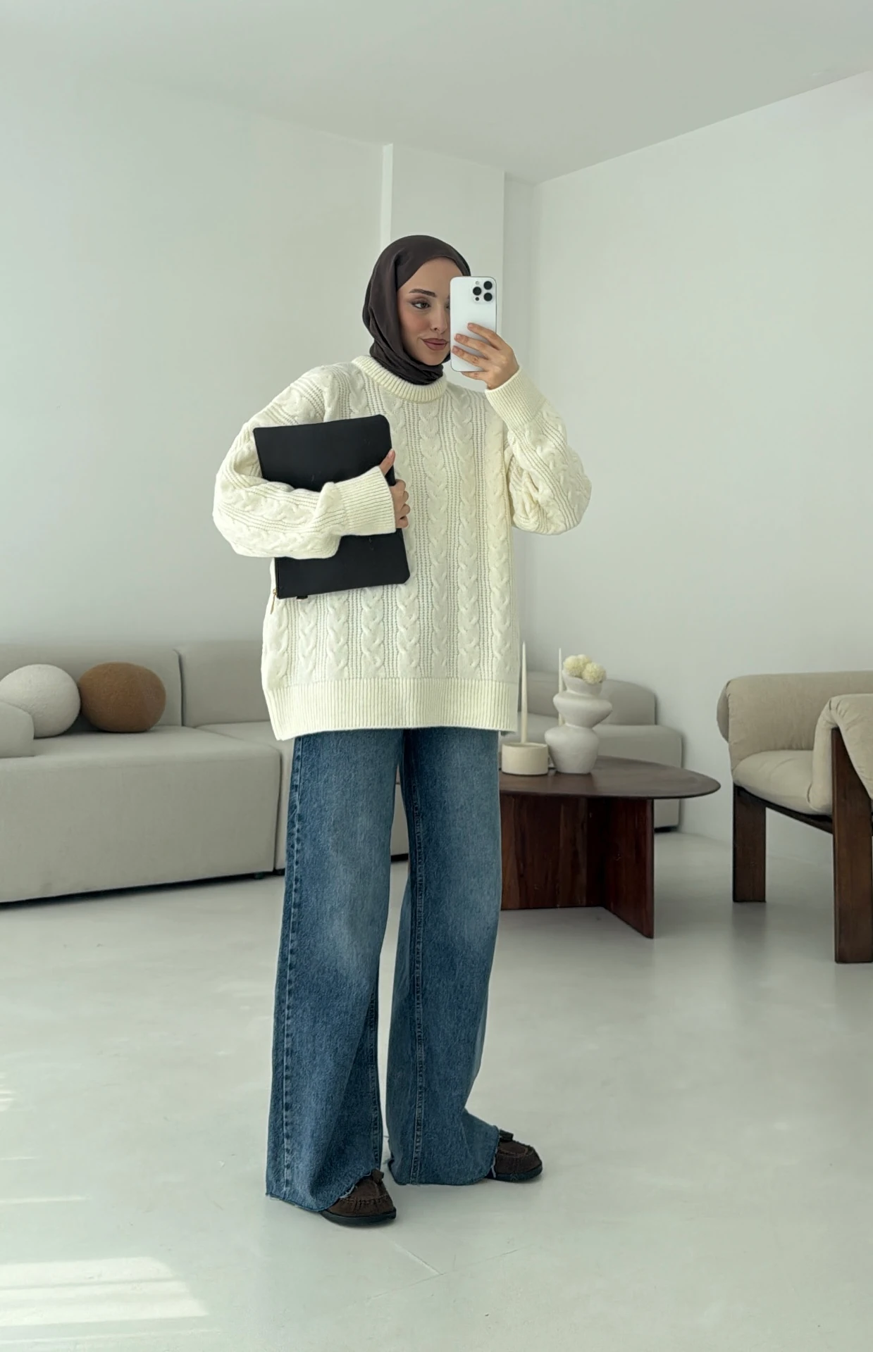 Kalın Saç Örgü Kazak Ekru