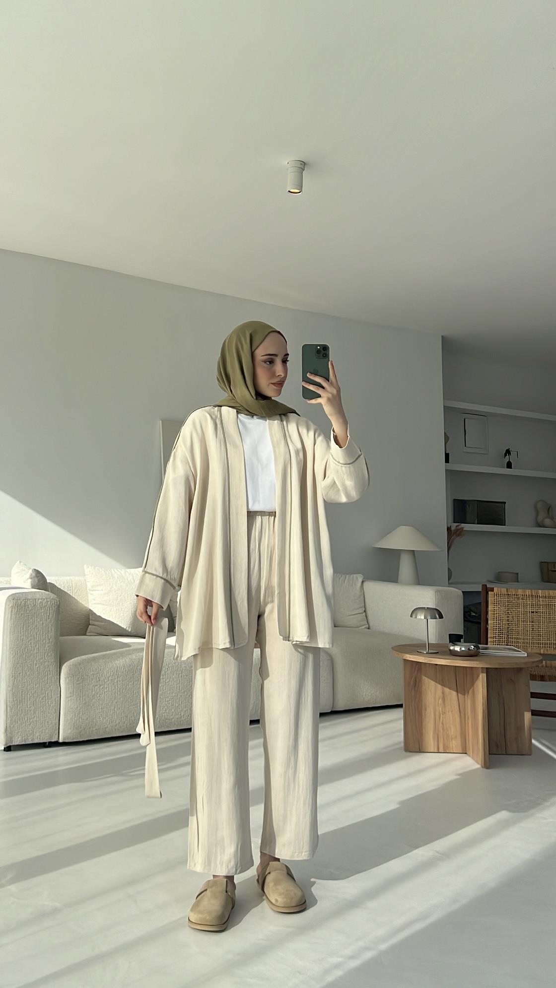 Ara Biyeli Keten Takım Bej